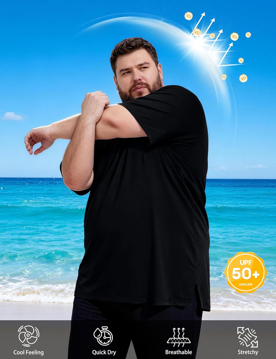 Men's Big and Tall Swim Shirts, UPF 50+ Sun Protection Short Sleeve Rash Guard, Quick Dry T-Shirt for Beach and Surfing - Image 3