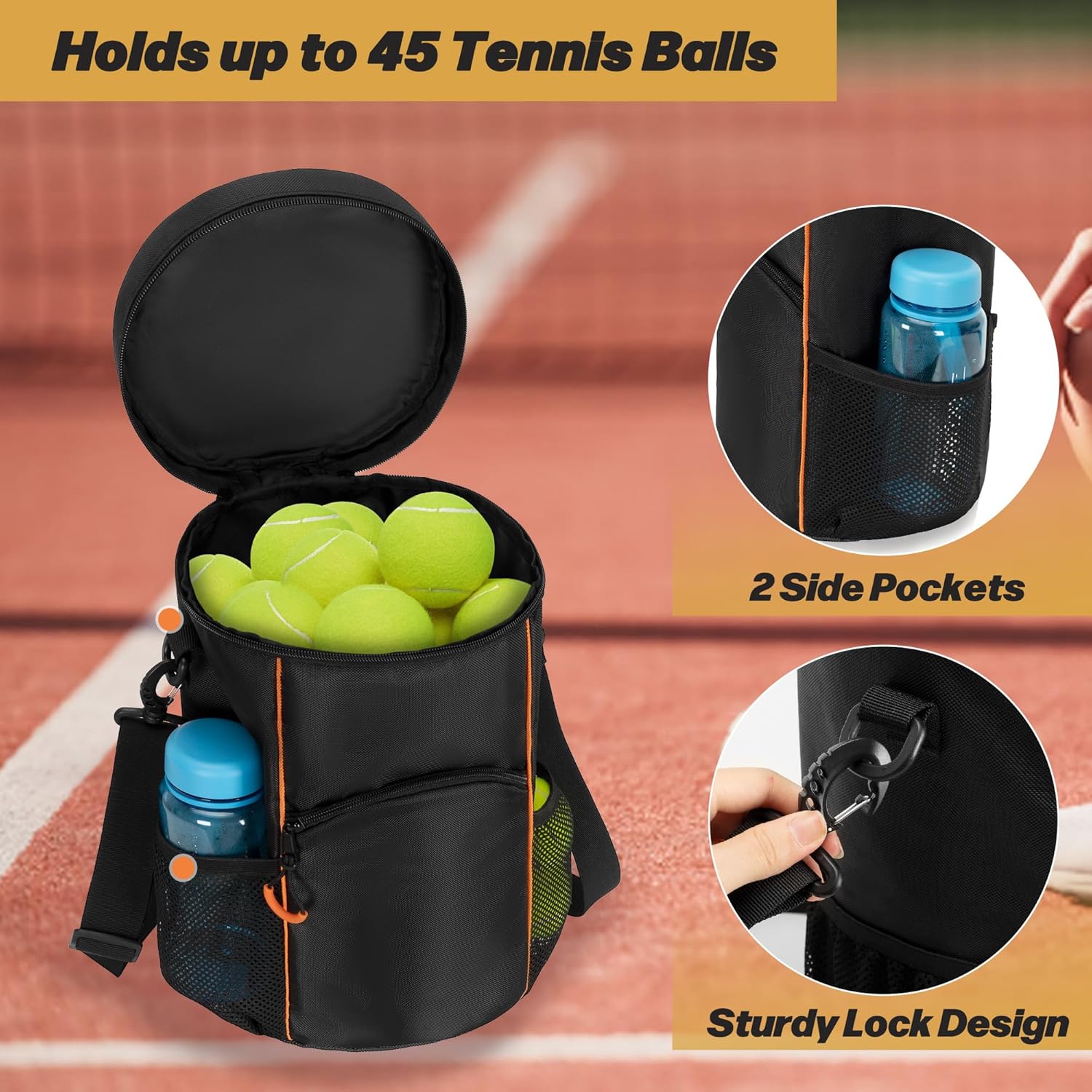DSLEAF Tennis Ball Bag with Sturdy Bottom, Baseball & Lacrosse Ball Bag with Multiple Pockets and Portable Shoulder Strap for Tennis, Baseball, Lacrosse,Pickle Ball and Table Tennis Training - Image 2