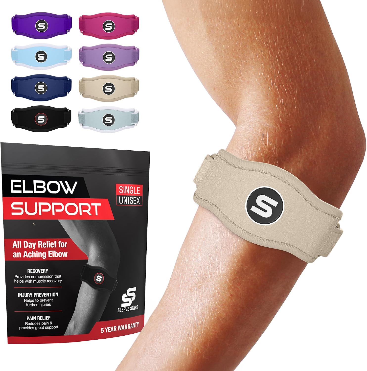 Sleeve Stars Tennis Elbow Brace for Men & Women, Elbow Brace for Tendonitis, Tennis Elbow Strap, Golfers Elbow Brace, Elbow Support Wrap for Tennis Elbow Relief, Fits 9"-23" (Single/Beige)