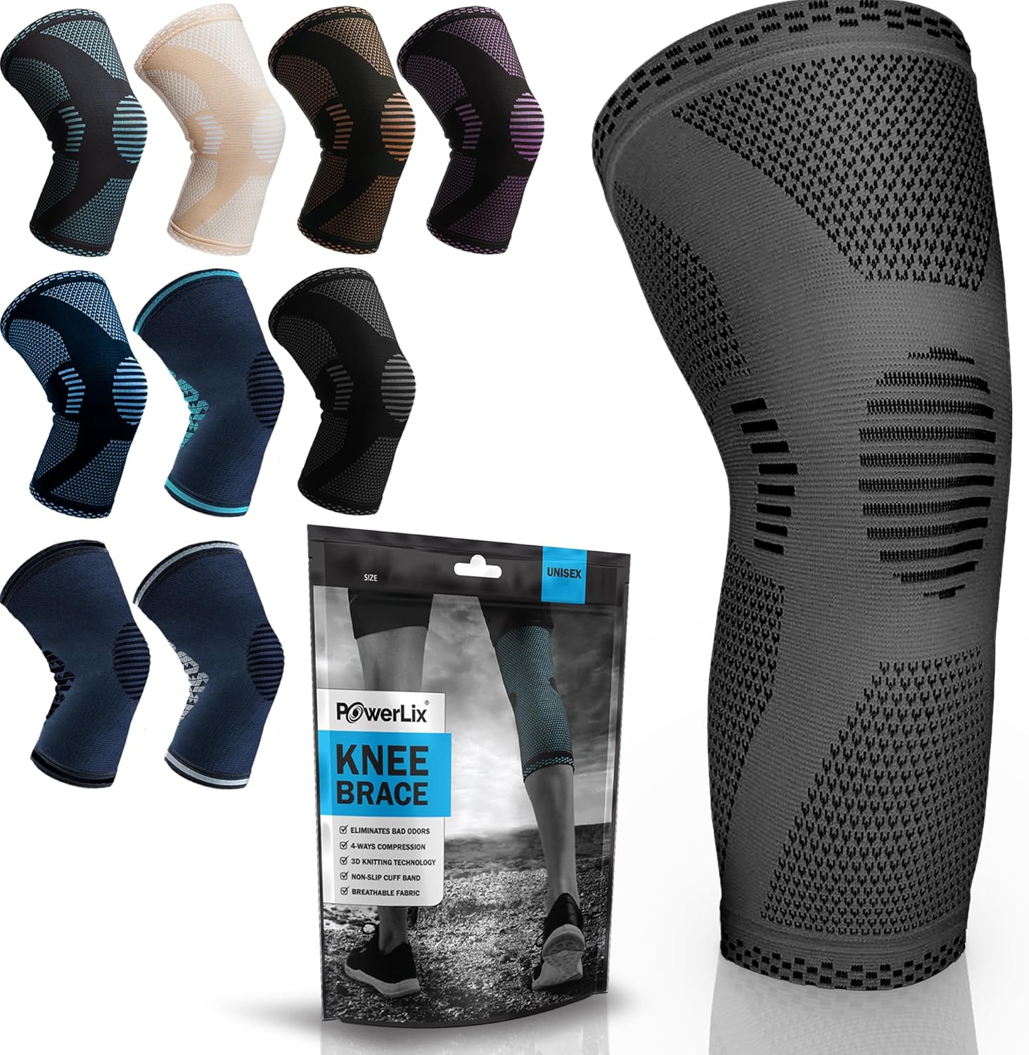 POWERLIX Knee Compression Sleeve - Best Knee Brace for Knee Pain for Men & Women – Knee Support for Running, Basketball, Volleyball, Weightlifting, Gym, Workout, Sports - (Gray L)