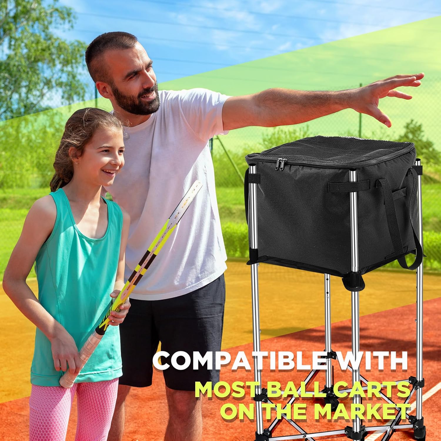 Aliceset Tennis Balls Hopper Tennis Ball Basket Picker Hopper Container with Side Pockets Lightweight Teaching Cart Bag for Picking and Storage Training Tool for Ball, Frame Not Included - Image 6