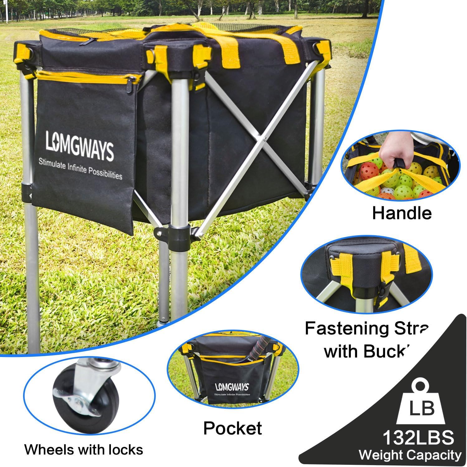 Pickleball Tennis Hopper–Foldable Cart Holds 180 Tennis/160 Pickleballs | Large Capacity |Lightweight with Wheels | Removable Bag| Side Pocket | Multi-Sport Use - Image 4