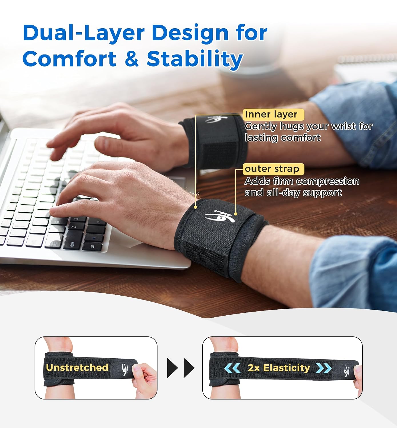 HiRui 2 Pack Wrist Compression Straps – Dual‑Layer Wrist Brace for Pain Relief & Support, Tendonitis, Carpal Tunnel, Arthritis – Adjustable Wrist Wraps for Fitness, Workouts & Everyday Use (Black) - Image 2