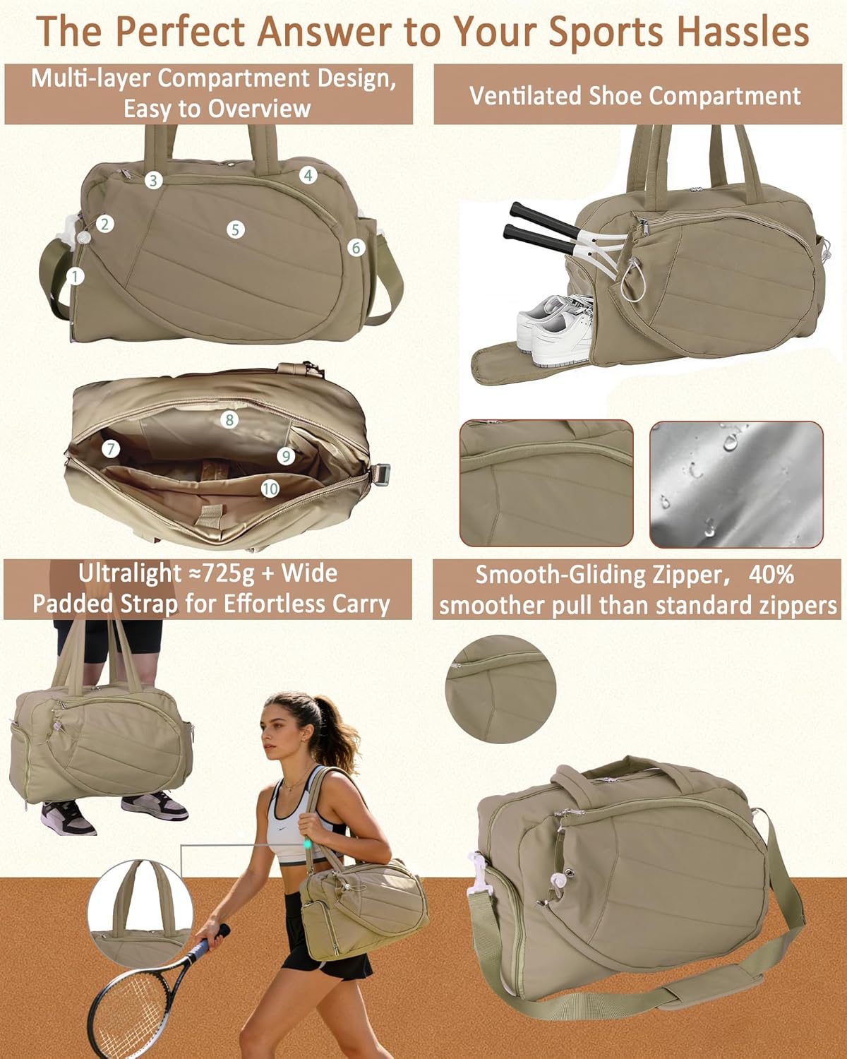 Roomy Tennis Gym Bag for Women - Tennis Tote Holds 2 Rackets, Shoe Compartment&Wet Pocket, Lightweight Sports Duffle, Fits 15.6" Laptop, Overnight Weekend Bag with Shoulder - Image 6
