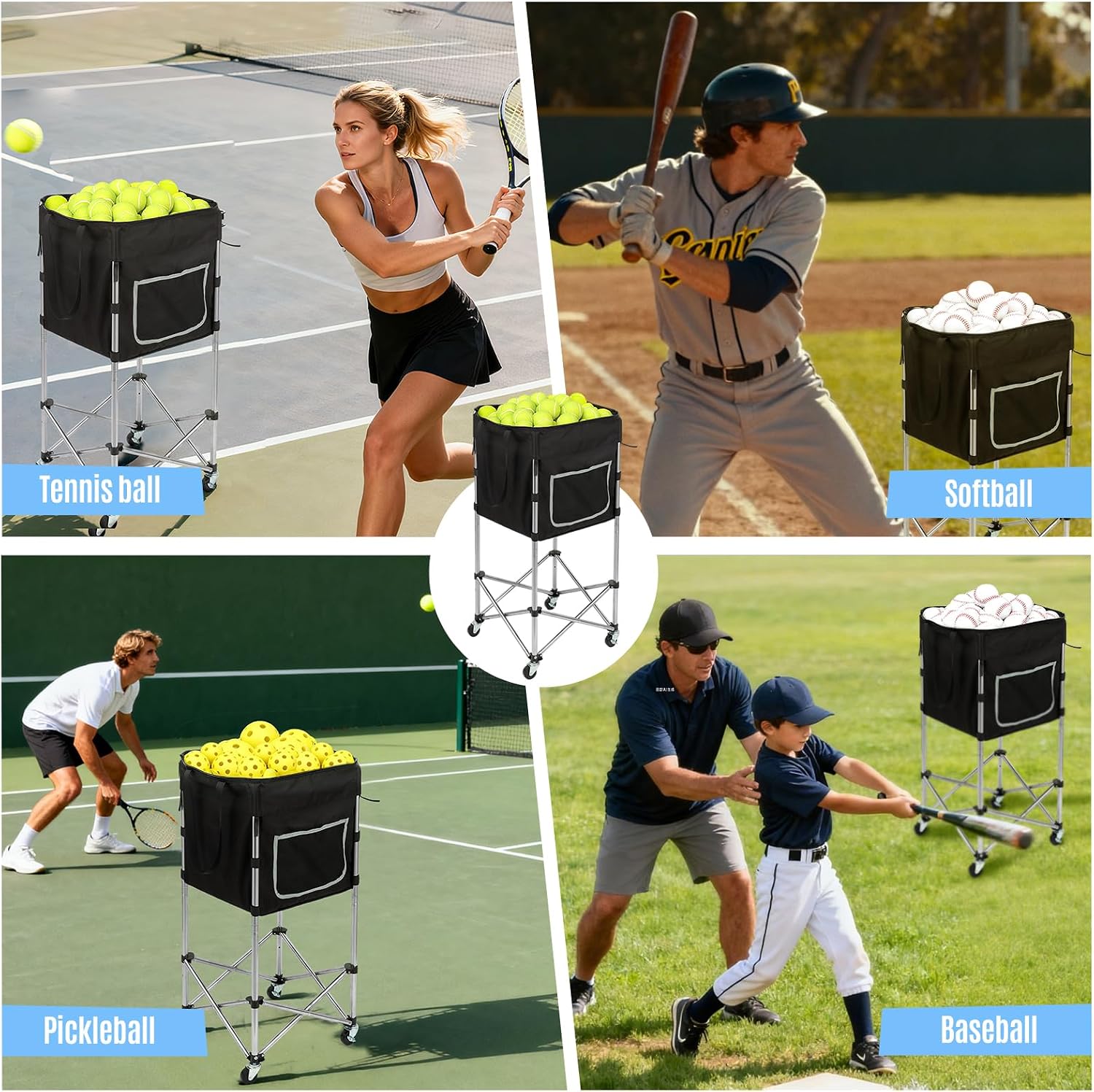 Tennis Ball Cart with Wheels & Brake (180 Capacity) – Heavy Duty Stainless Steel Frame with Detachable Washable Bag – Foldable Travel Hopper for Tennis & Pickleball, Portable Carrier - Image 5