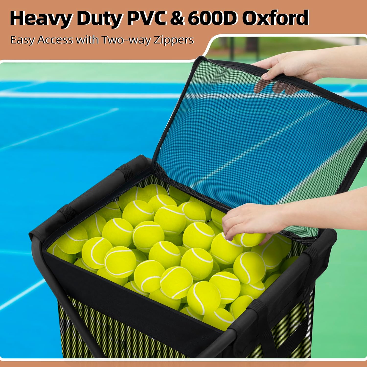 STORAGE MANIAC Foldable Tennis Ball Hopper Cart with Removable Ball Bag | Oxford & PVC Liner with Steel Frame, Holds 150 Balls, Portable Rolling Pickleball Training Cart, 20.7"L x 17.9"W x 35.8"H - Image 5