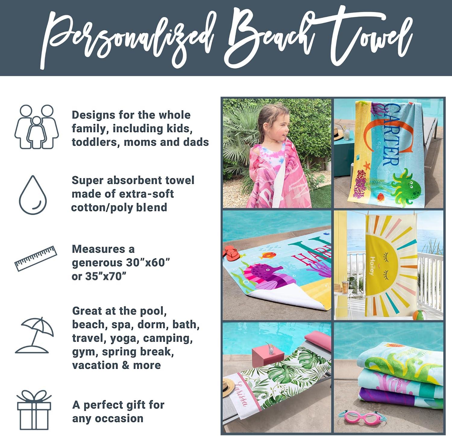 Let's Make Memories Personalized Beach Towel for Kids - Custom Towel for Pool Vacation Spring Break Camp Cruise - 30" Wx60 L - Standard Size - Mermaid & Friends - Image 4
