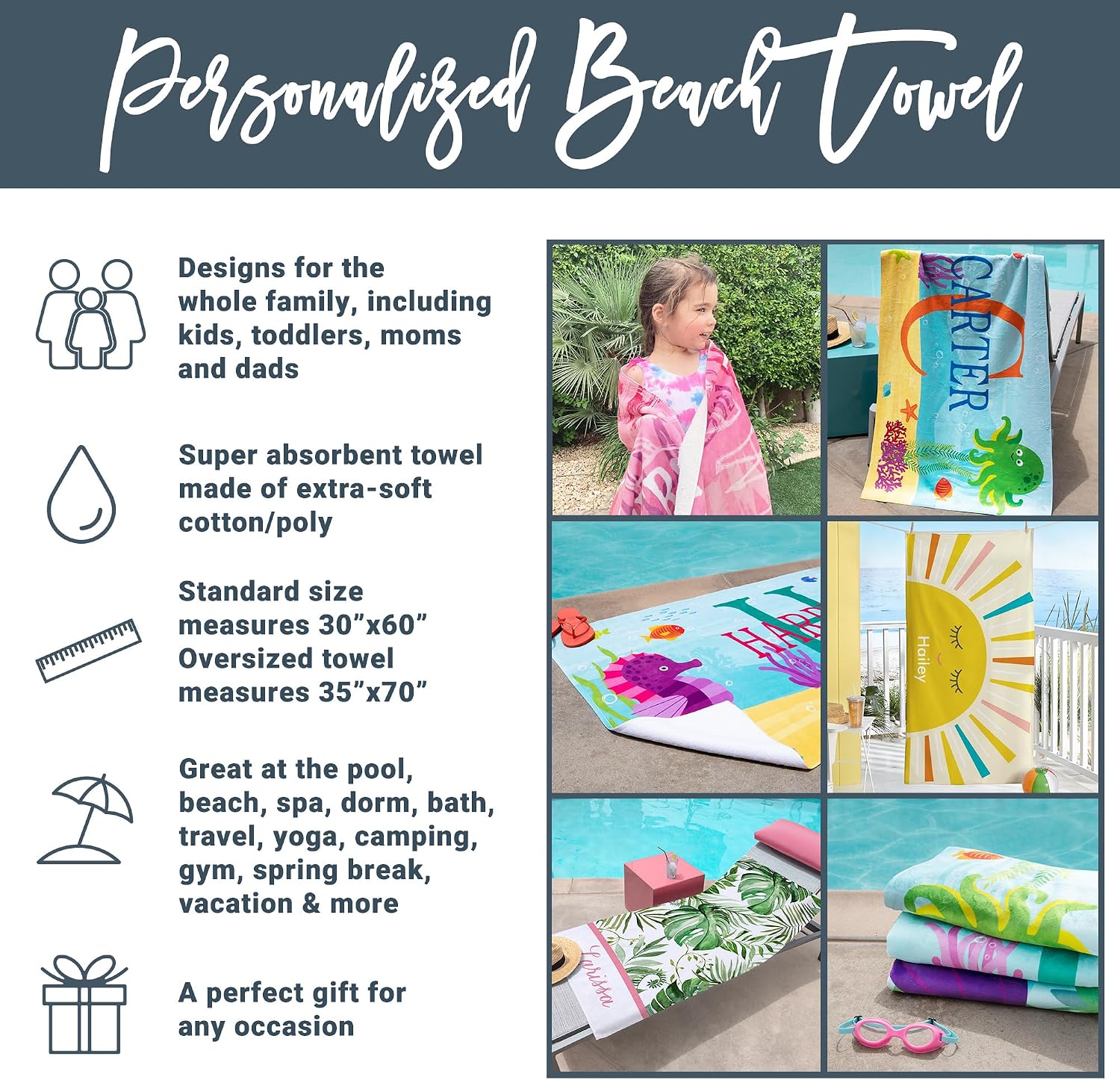 Let's Make Memories Personalized Beach Towel - Customized Towels for Pool - for Spring Break & Summer Fun - Their Own Name - 30" W x 60" L - Standard Size - Sports - Image 4