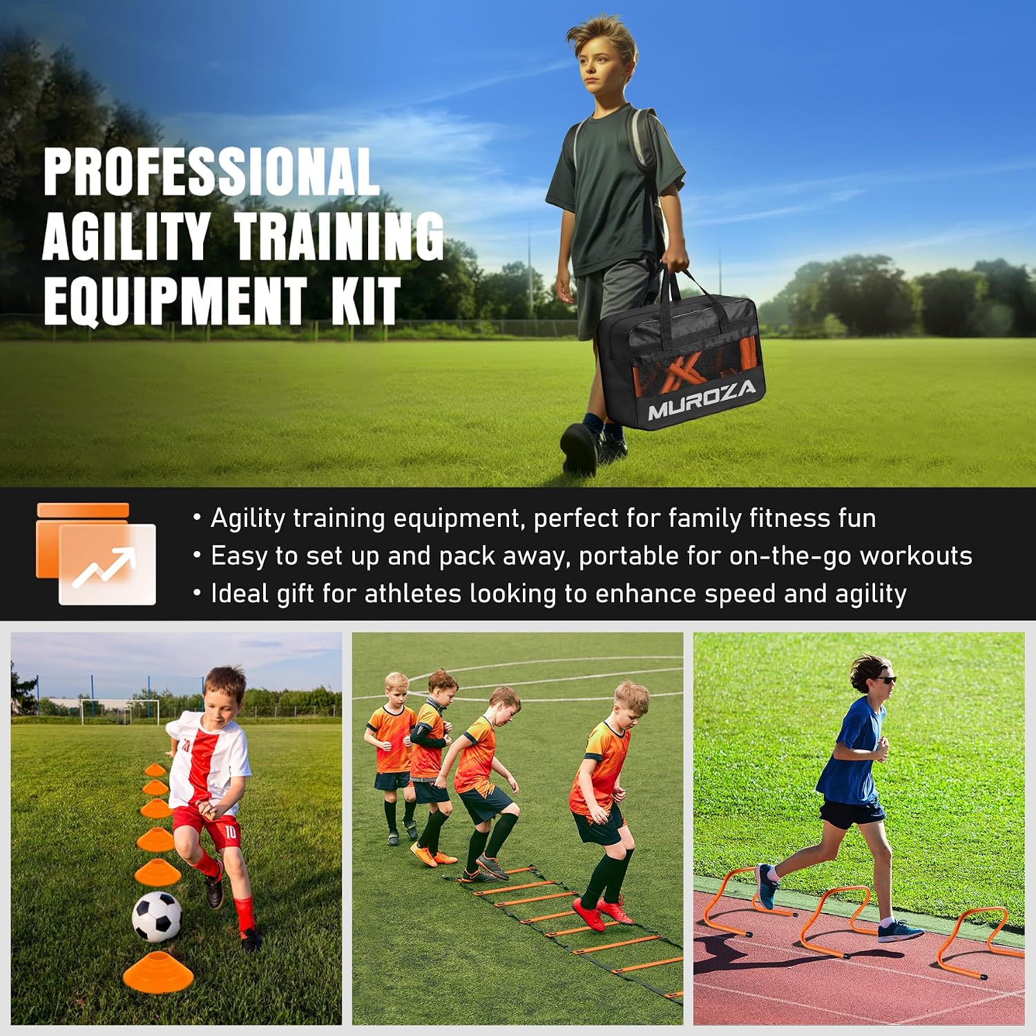MUROZA Agility Ladder, Agility Speed Training Equipment Set, 20ft Speed Ladder, 12 Soccer Cones, 4 Hurdles, Jump Rope, Running Parachute, Soccer Football Basketball Training Equipment Accessories - Image 8