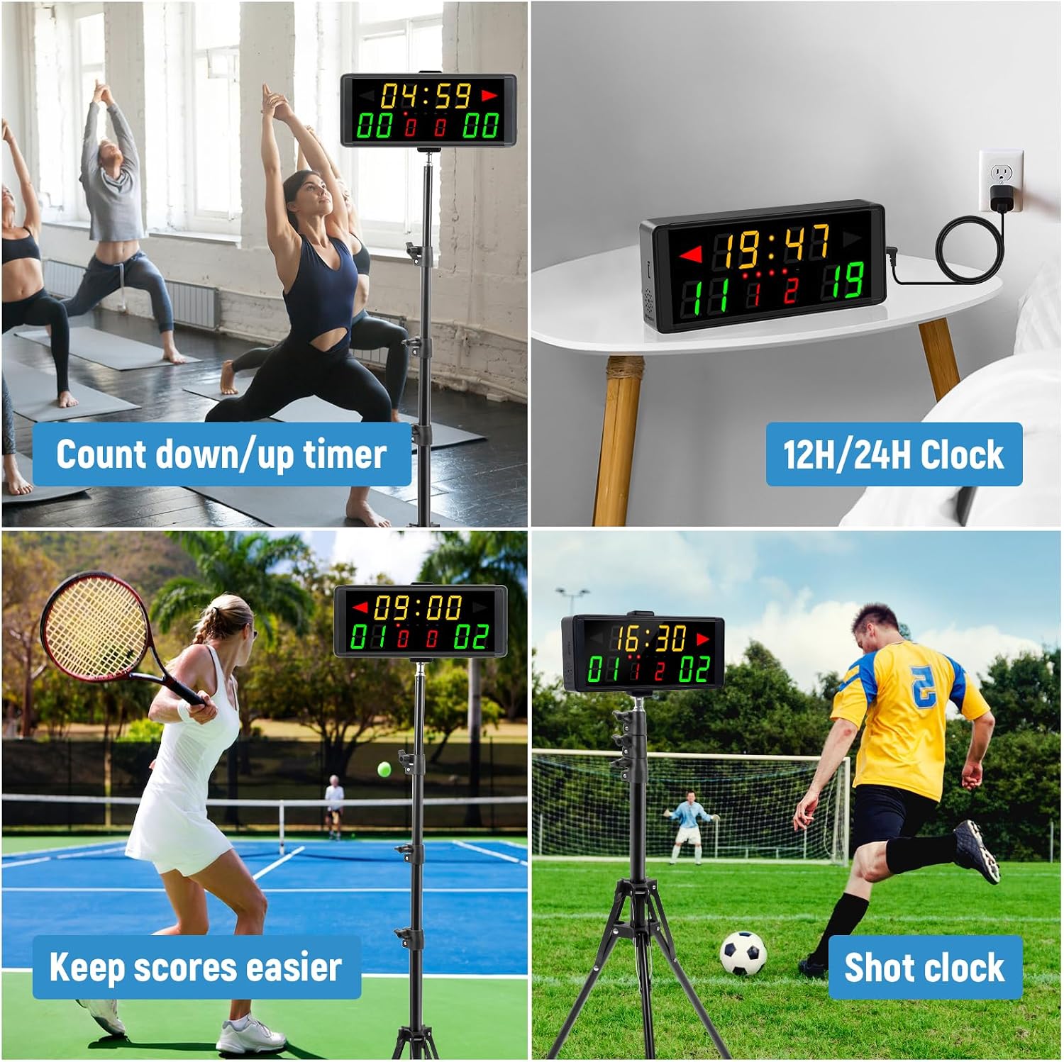 Samshow LED Electronic Scoreboard Digital Score Keeper with Remote & Tripod, Basketball Scoreboard with Shot Clock & Timer & 12/24h Real Time for Football/Corn Hole/ping Pong/Table Tennis - Image 2