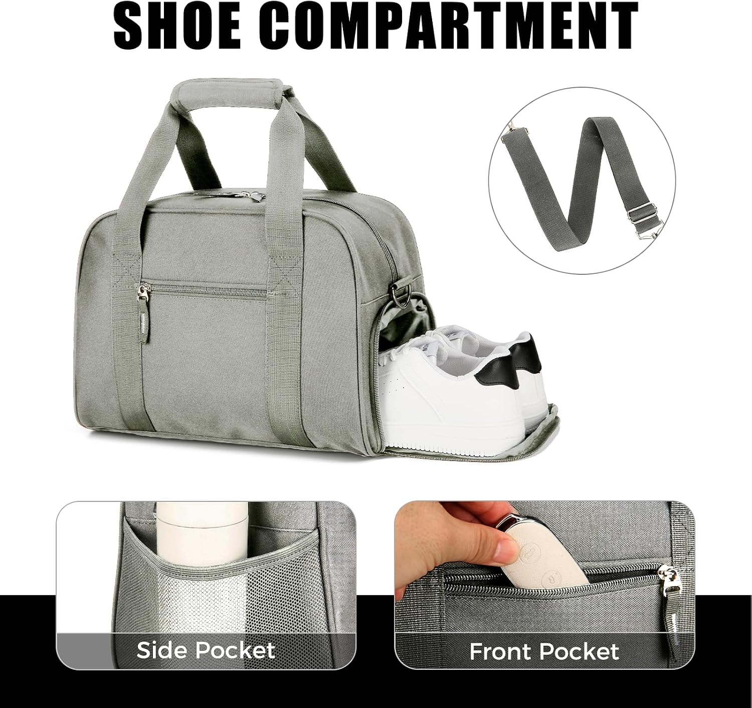 SeaRock 14 inch Small Gym Bag for Men & Women, Mini Duffle Bag with Shoe Compartment, Carry On Duffel Bag for Travel Sports, Gray - Image 5