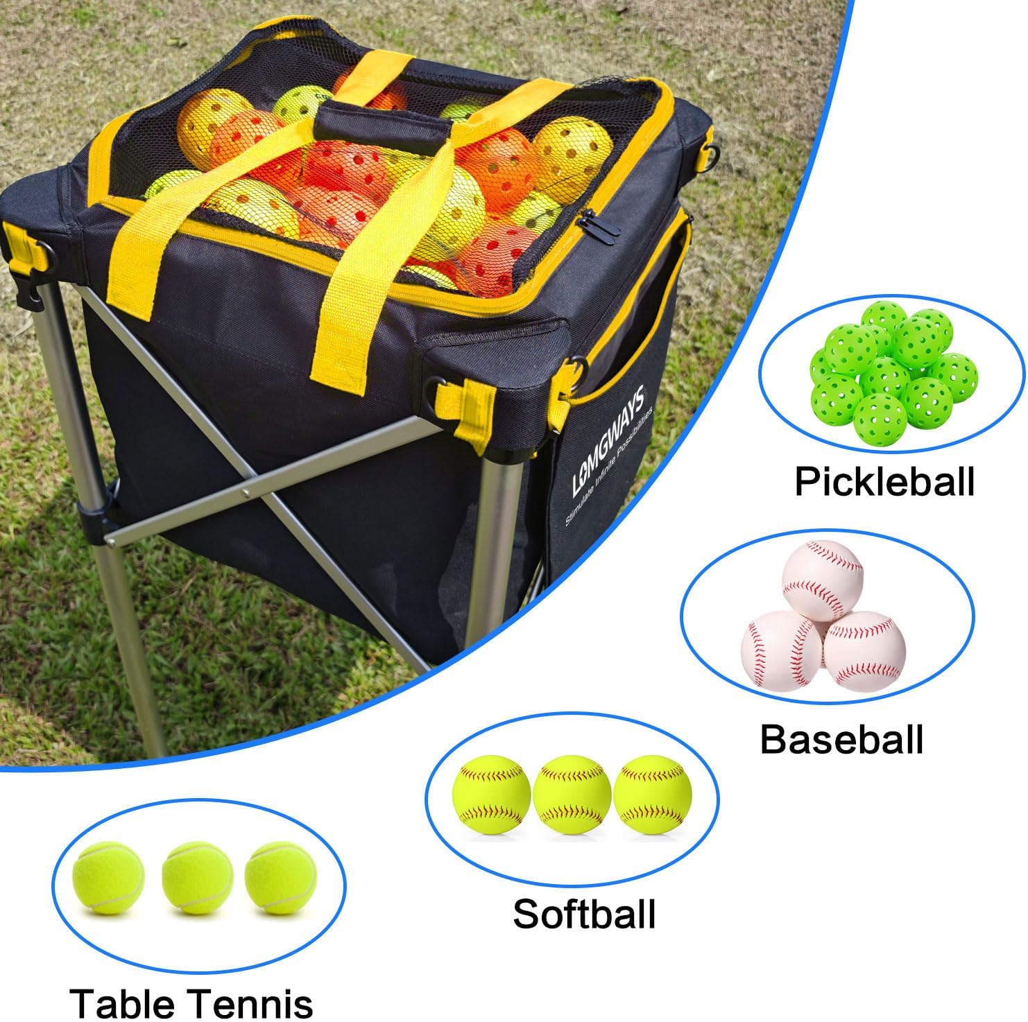 Pickleball Tennis Hopper–Foldable Cart Holds 180 Tennis/160 Pickleballs | Large Capacity |Lightweight with Wheels | Removable Bag| Side Pocket | Multi-Sport Use - Image 5