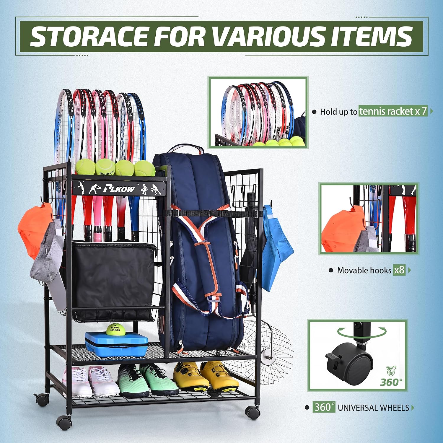 PLKOW Tennis Bag Organizer Tennis Racket Storage Rack, Tennis Equipment Holder for Bags, Balls, Racquet & Accessories, Versatile Gear Organizer for Garage, Club, or School - Image 3
