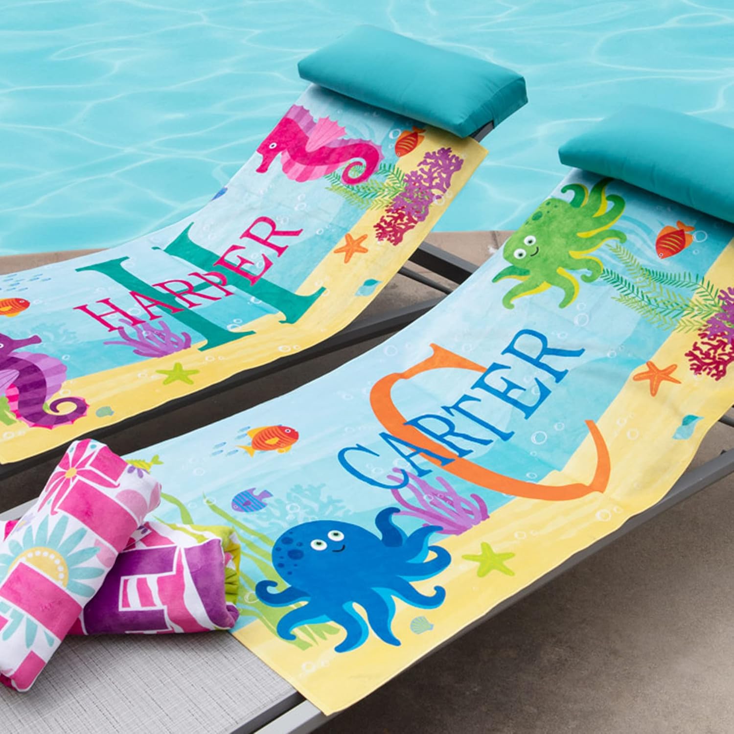 Let's Make Memories Personalized Kids Beach Towel - Custom Monogram & Name with Fun Beach Designs - Soft Cotton/Poly Blend - 60"x30" - Name and Initial Monogram - Standard Size - Crab - Image 2
