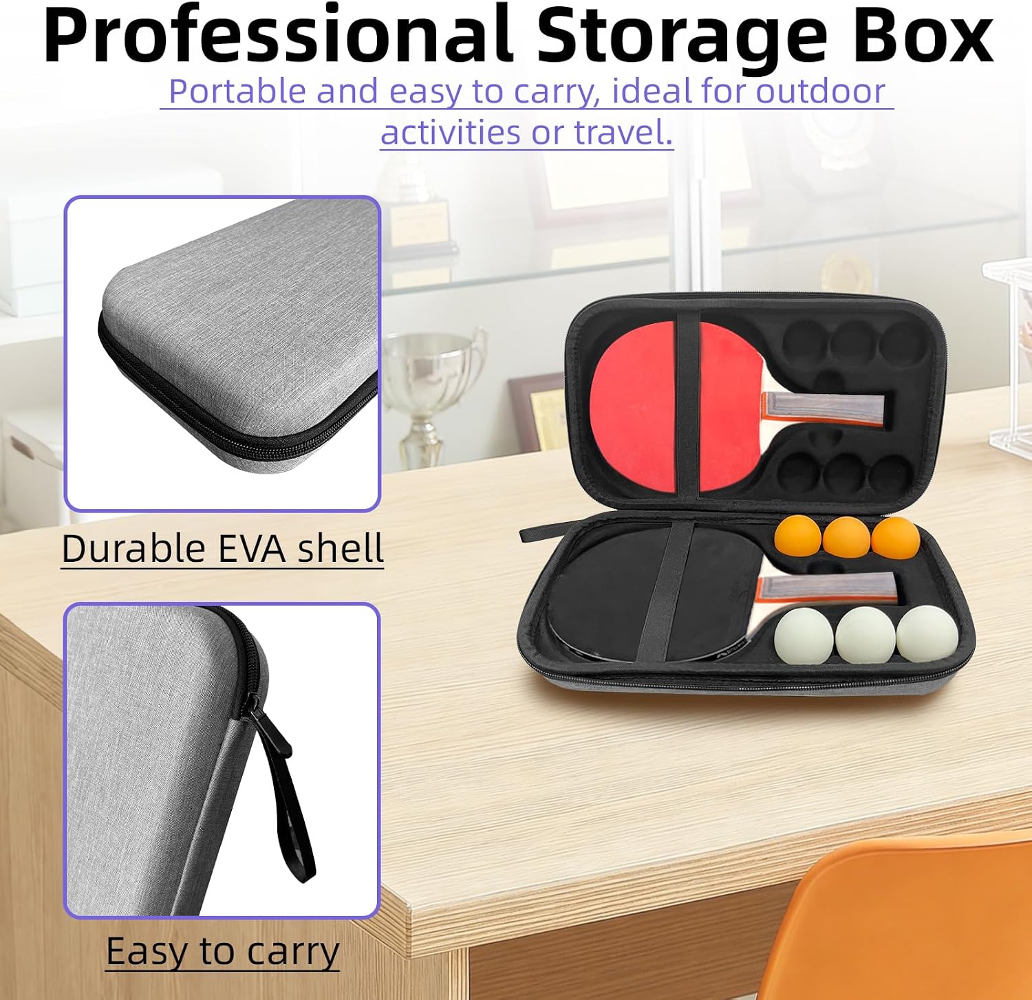 Table Tennis Paddle Case with 6 Table Tennis, Case Fits for 2 Paddles and 6 Balls, Cyber Shape Hard Cover Large Capacity Container Bag, Waterproof and shockproof - Image 4