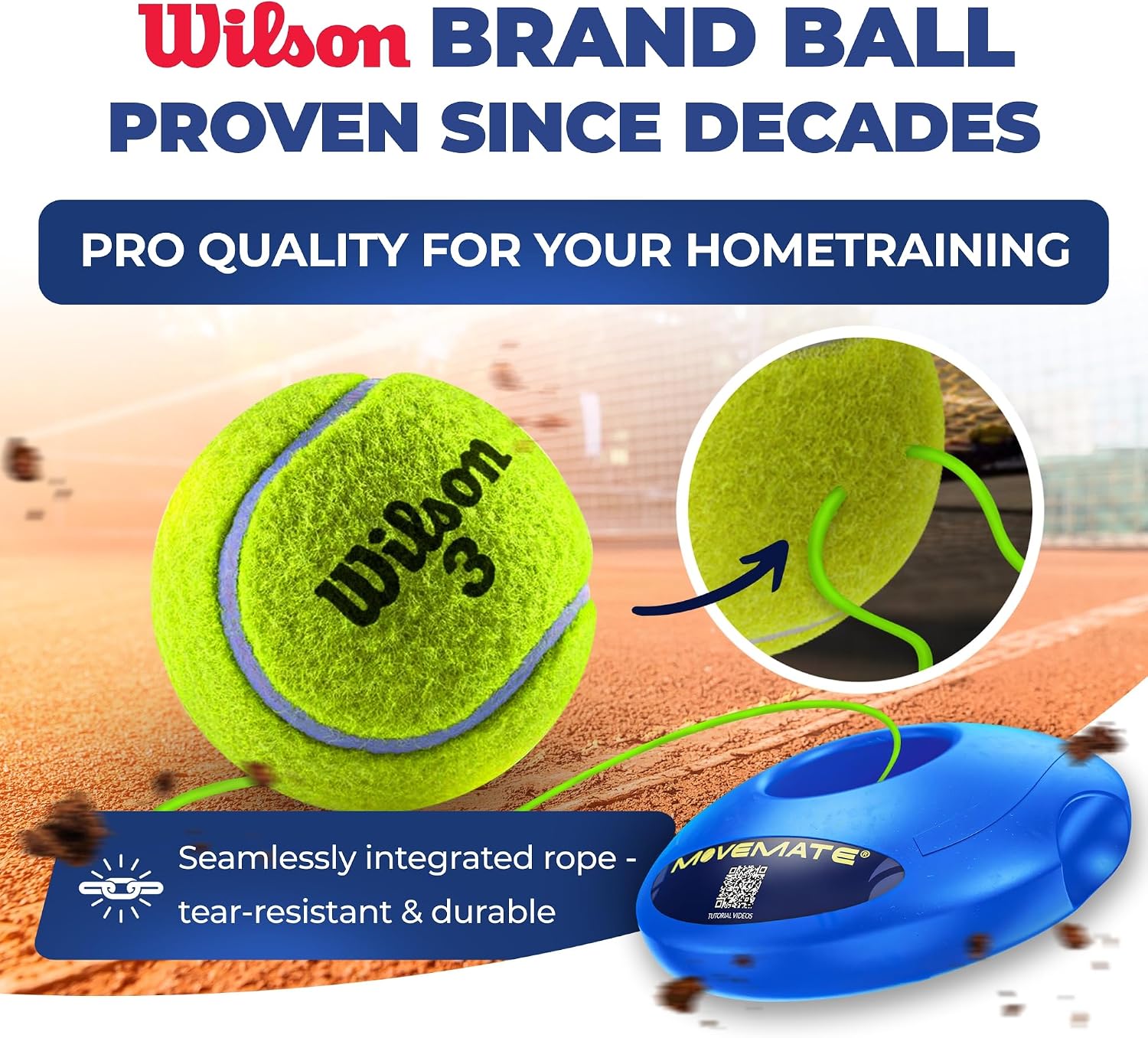MOVEMATE Tennis-Trainer Set with Wilson® Tennis Ball | Innovative Ball Game for Outdoors, in The Garden, in The Park for Children & Adults | Incl. Transport Bag & Exercise Videos - Image 3