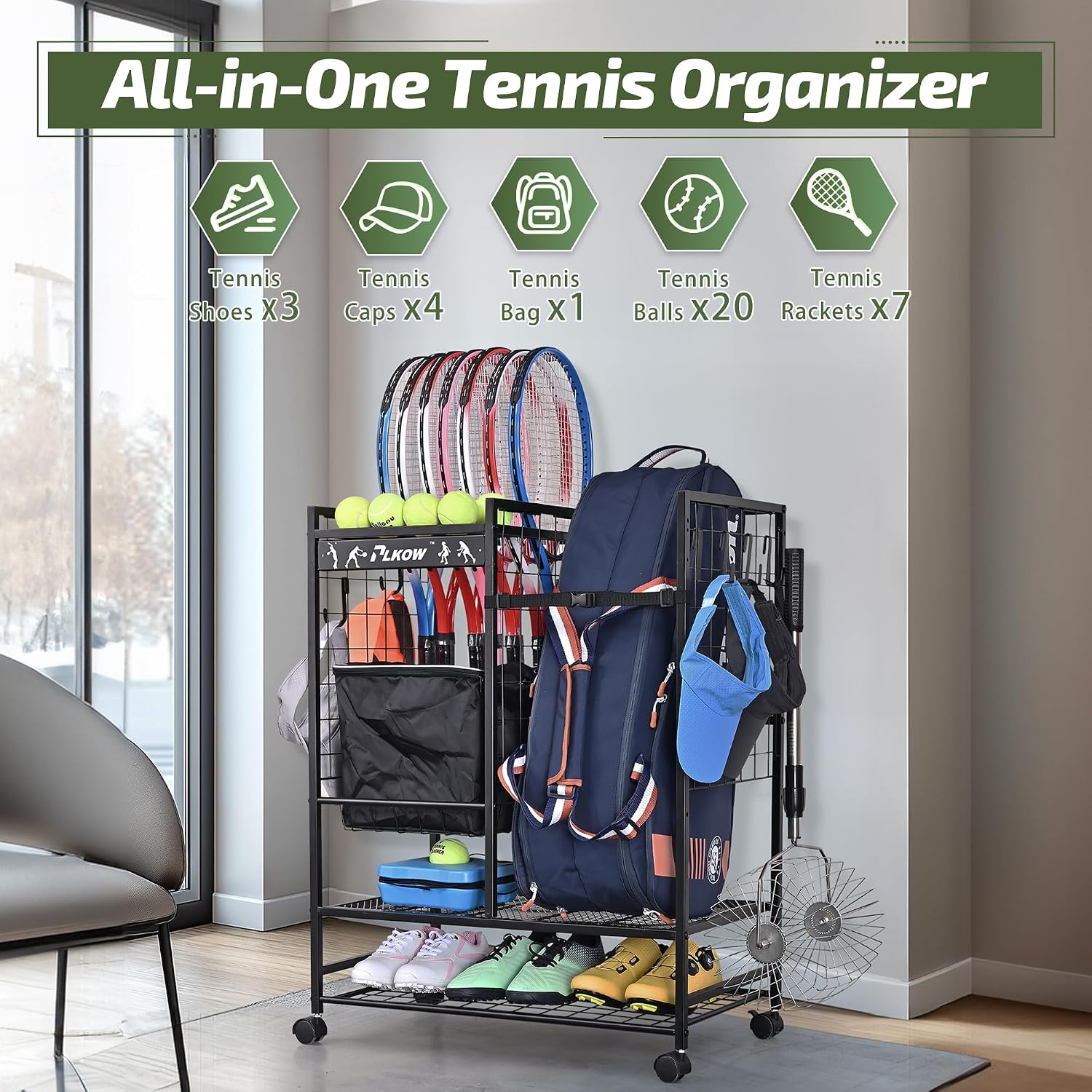PLKOW Tennis Bag Organizer Tennis Racket Storage Rack, Tennis Equipment Holder for Bags, Balls, Racquet & Accessories, Versatile Gear Organizer for Garage, Club, or School - Image 2