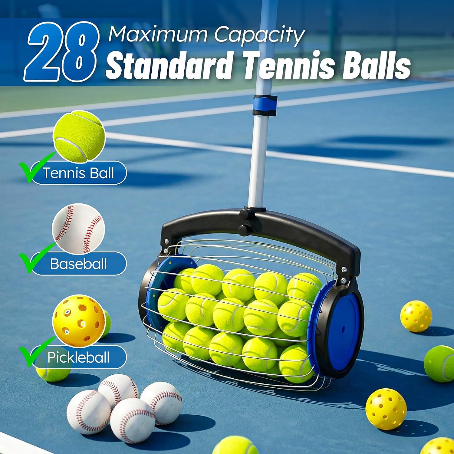 zozen Tennis Ball Picker with Storage Bag, No Bending Quick Pickup Roller, Adjustable Telescopic Handle, Holds Up to 28 Tennis Balls, Portable Collector for Tennis/Pickleball/Baseball/Lacrosse Ball - Image 4