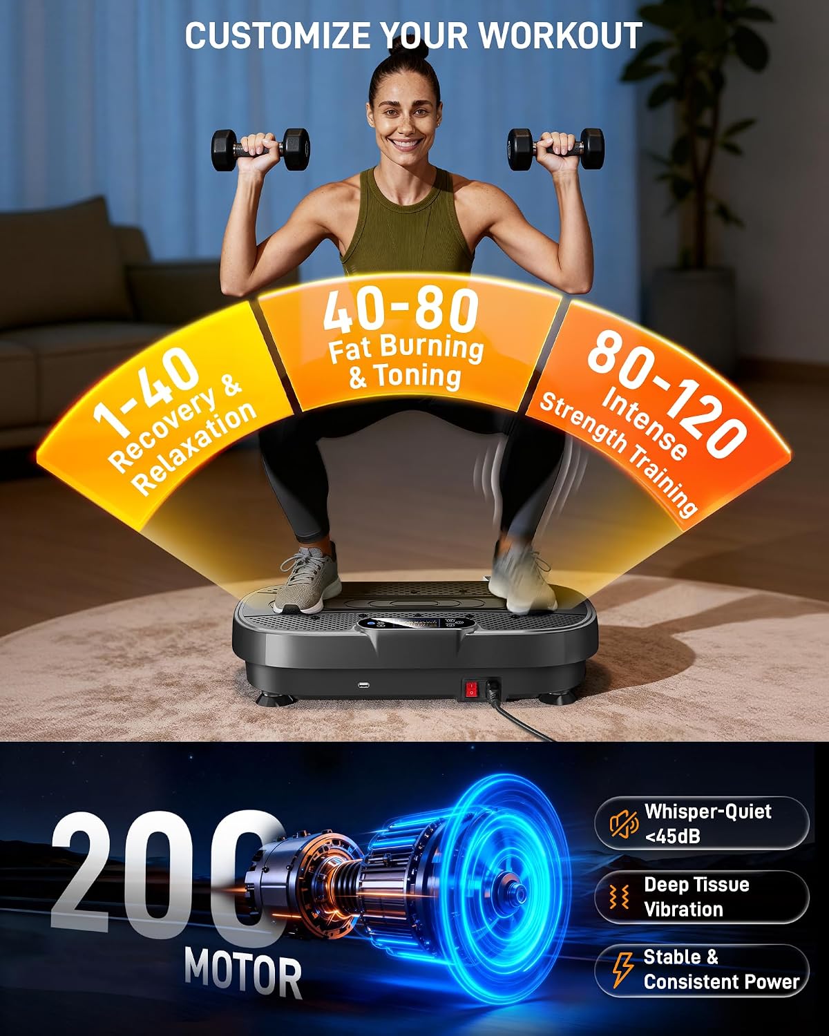 Renoj Vibration Plate Exercise Machine, 3D Whole Body Vibration Platform for Lymphatic Drainage and Muscle Recovery, 455-lb Capacity Fitness Machine with Bluetooth Speaker and LED Display for Home Gym - Image 4