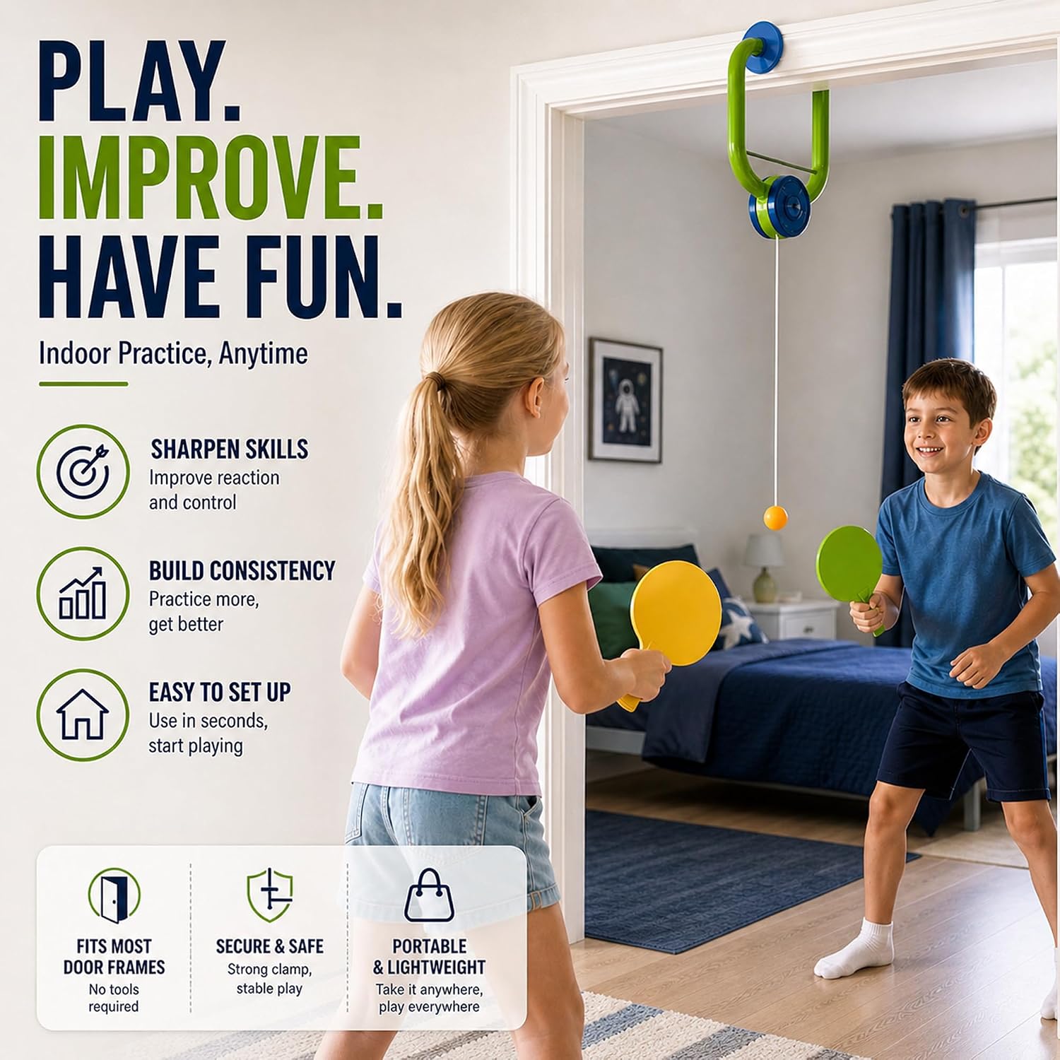 Hanging Table Tennis Trainer Portable Set, 1 Pcs Trainer 6 Balls Door Pong Game for Kids with Racket and Balls, Adjustable Hanging Table Tennis Trainer - Image 3