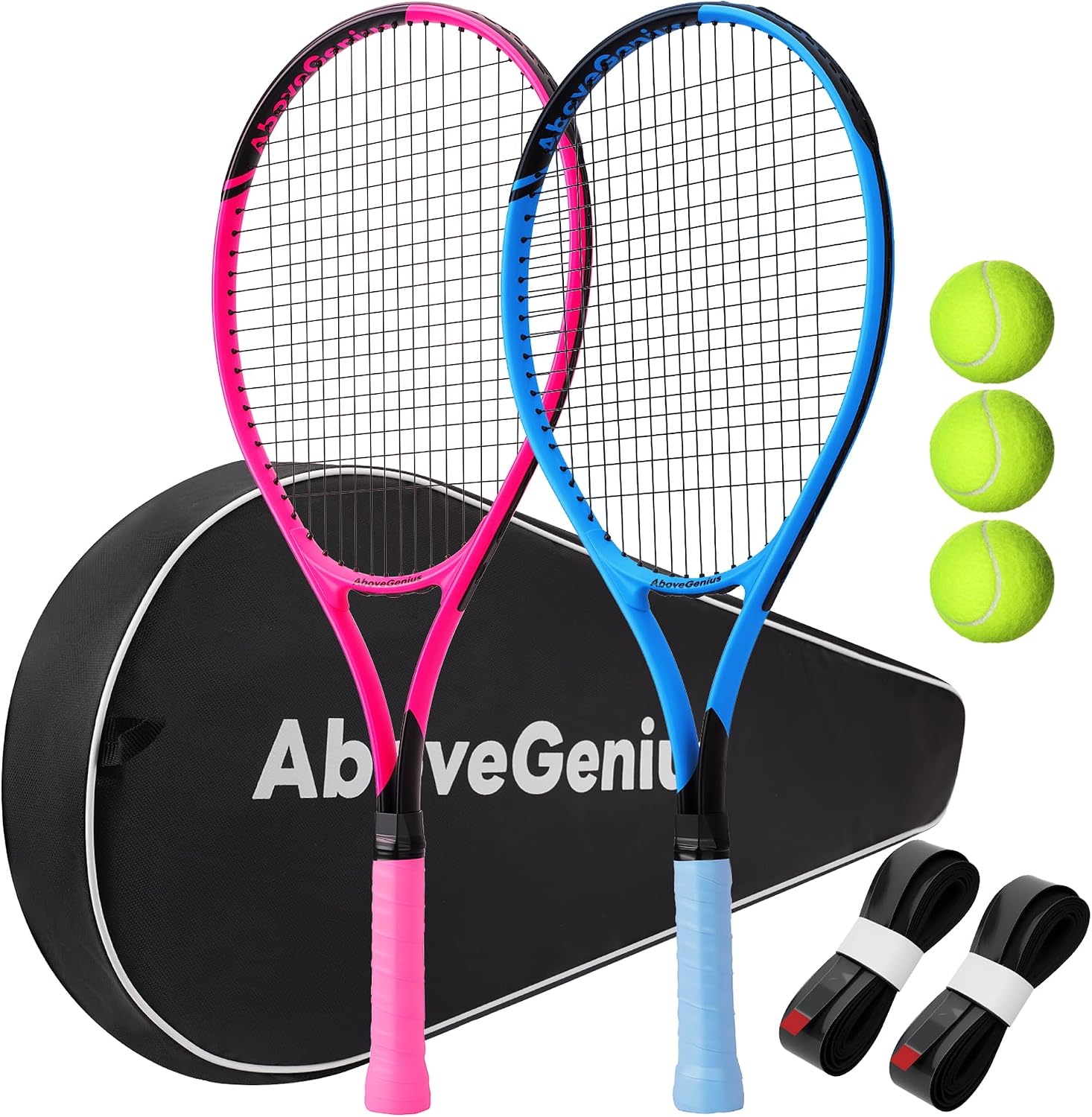 AboveGenius Neon Tennis Rackets 2 Pack for Adults- 27" Lightweight Aluminum Tennis Racquet Set with 3 Balls & Bag- Vibrant High-Visibility Matte Finish for Men Women Beginners