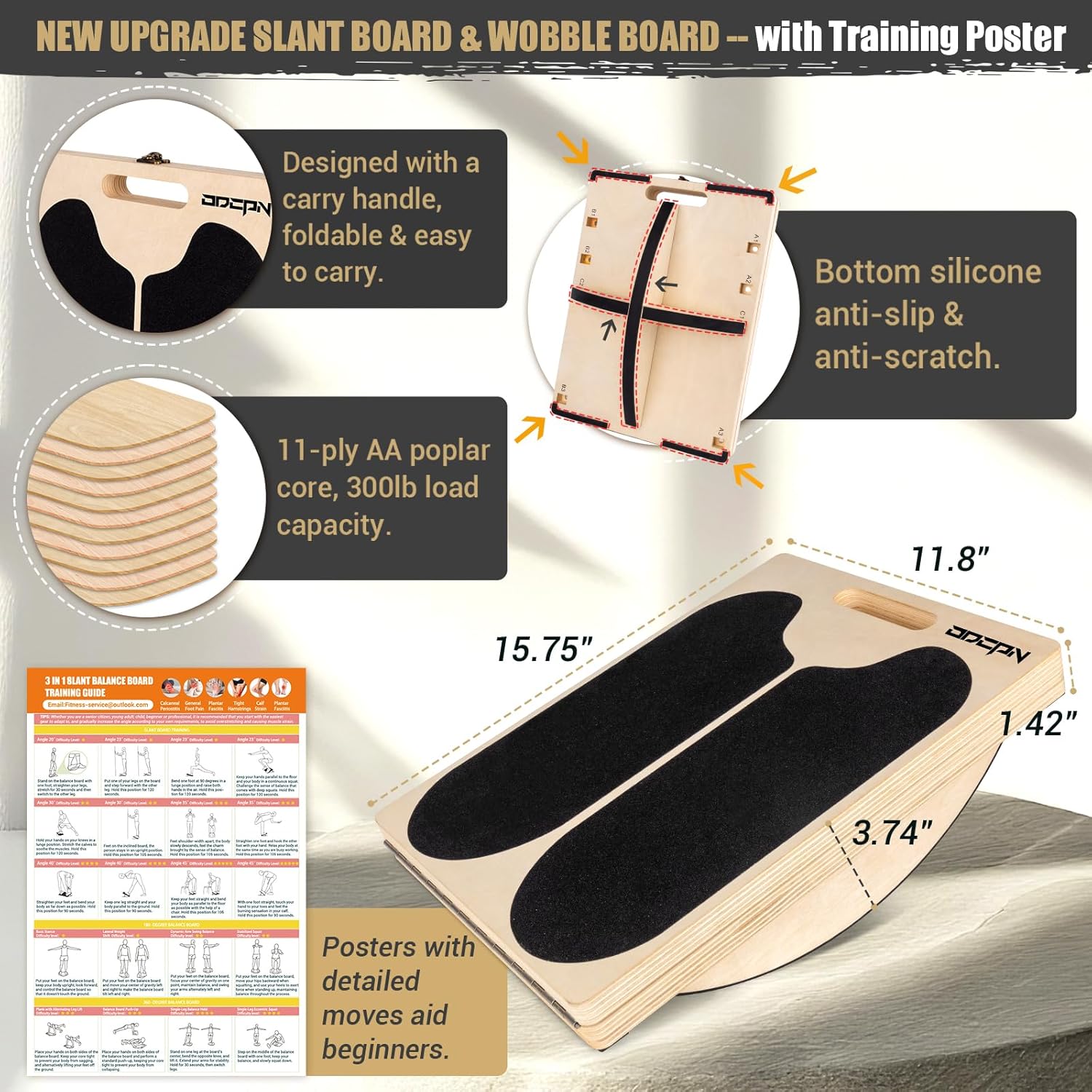3-in-1 Slant Board & 180°/360° Balance Board, Portable 6 Angle Adjustable Calf Stretcher with Training Poster, Anti-Slip 300LBS Wobble Board for Physical Therapy, Standing Desk & Core Strength - Image 3