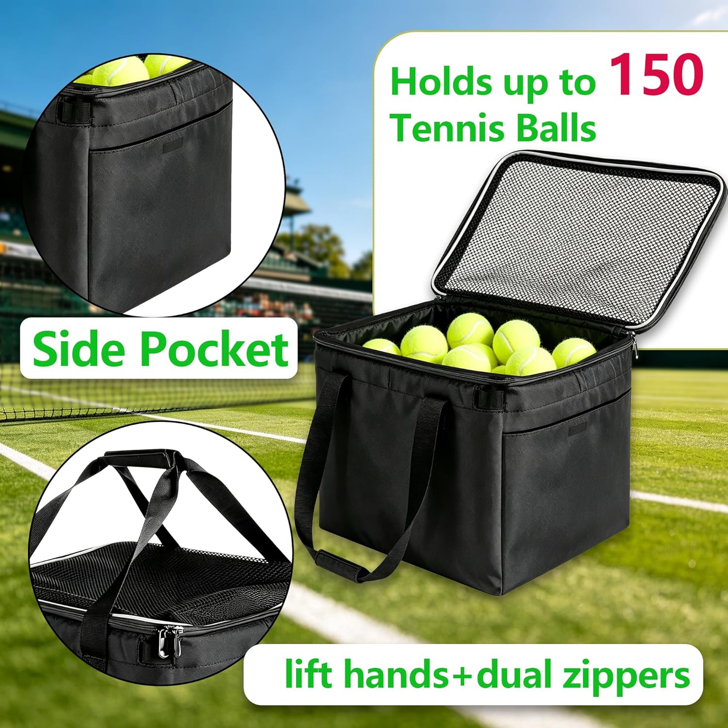 Tennis Ball Bag with Sturdy Bottom, tennis ball,Pickleball, Baseball, Lacrosse & Table Tennis, Teaching, Ball Picking & Organizing (Holds 150 Tennis Balls or 100 Pickleballs) - Image 3