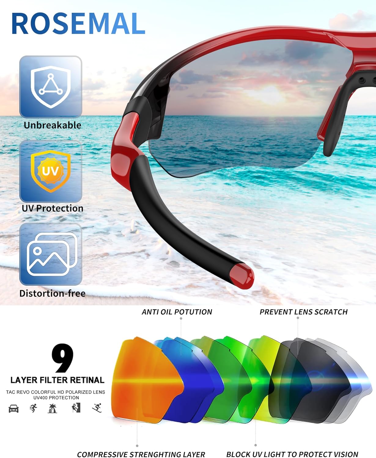 Rosemal Sunglasses Men Polarized Sports UV400 Protection TR90 Frame for Running Cycling Baseball Golf - Image 3