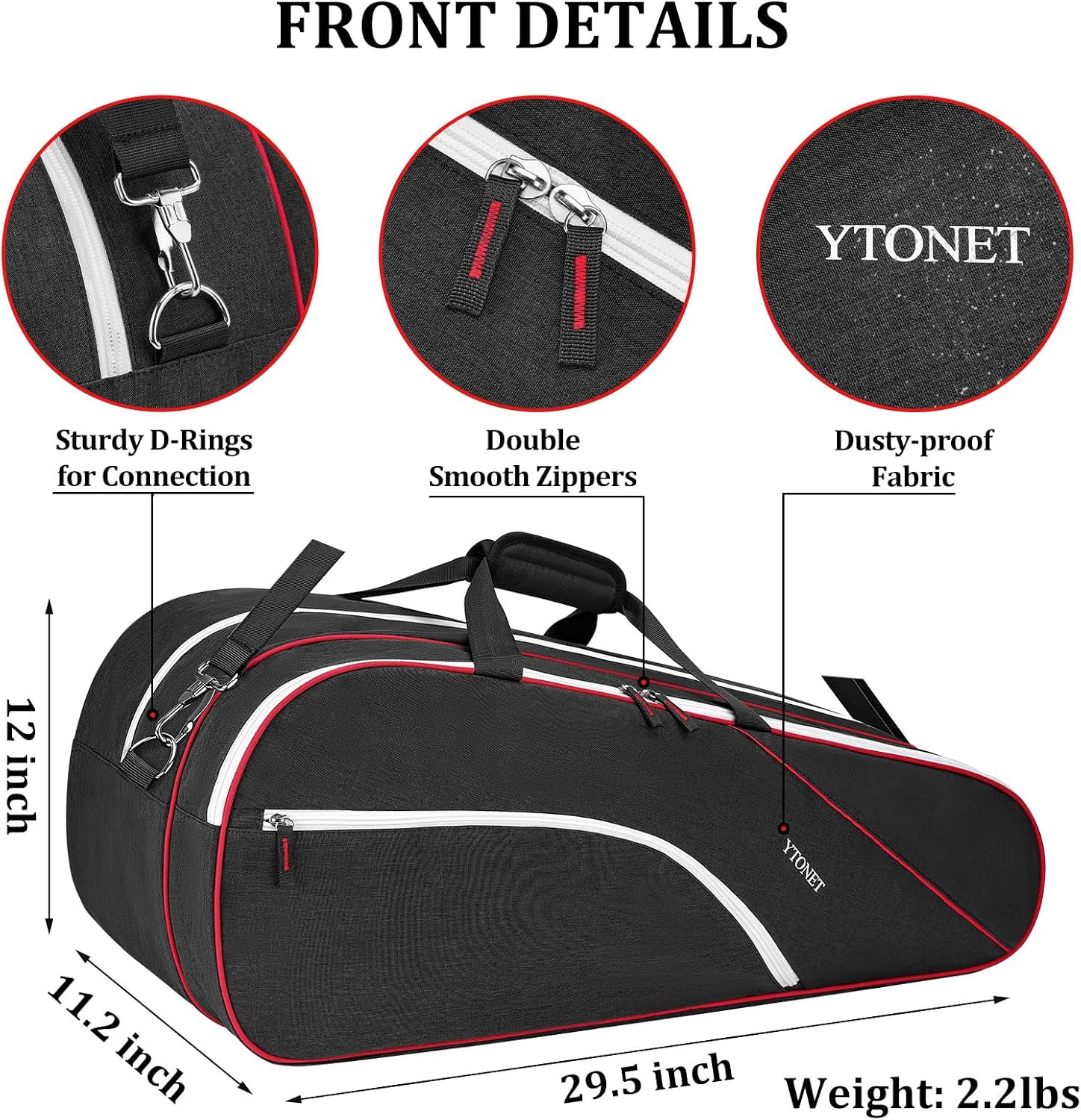 Ytonet Tennis Bag 6 Rackets, Large Tennis Racket Bag for Men Women with Insulated Pocket Shoe Compartment Water Resistant 3-Ways Carry Padded Badminton Cover for Pro/Team/Familiy Training, Black - Image 7
