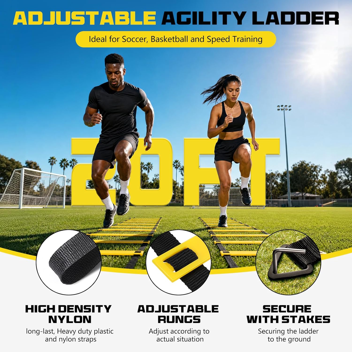 2 Pack 20ft Agility Ladder Set, 40ft Total Adjustable Speed Ladder with 12 Cones, 8 Stakes, 1 Carry Bag - Parallel Footwork Drills Gear for Football Soccer Basketball Training Equipment - Image 3