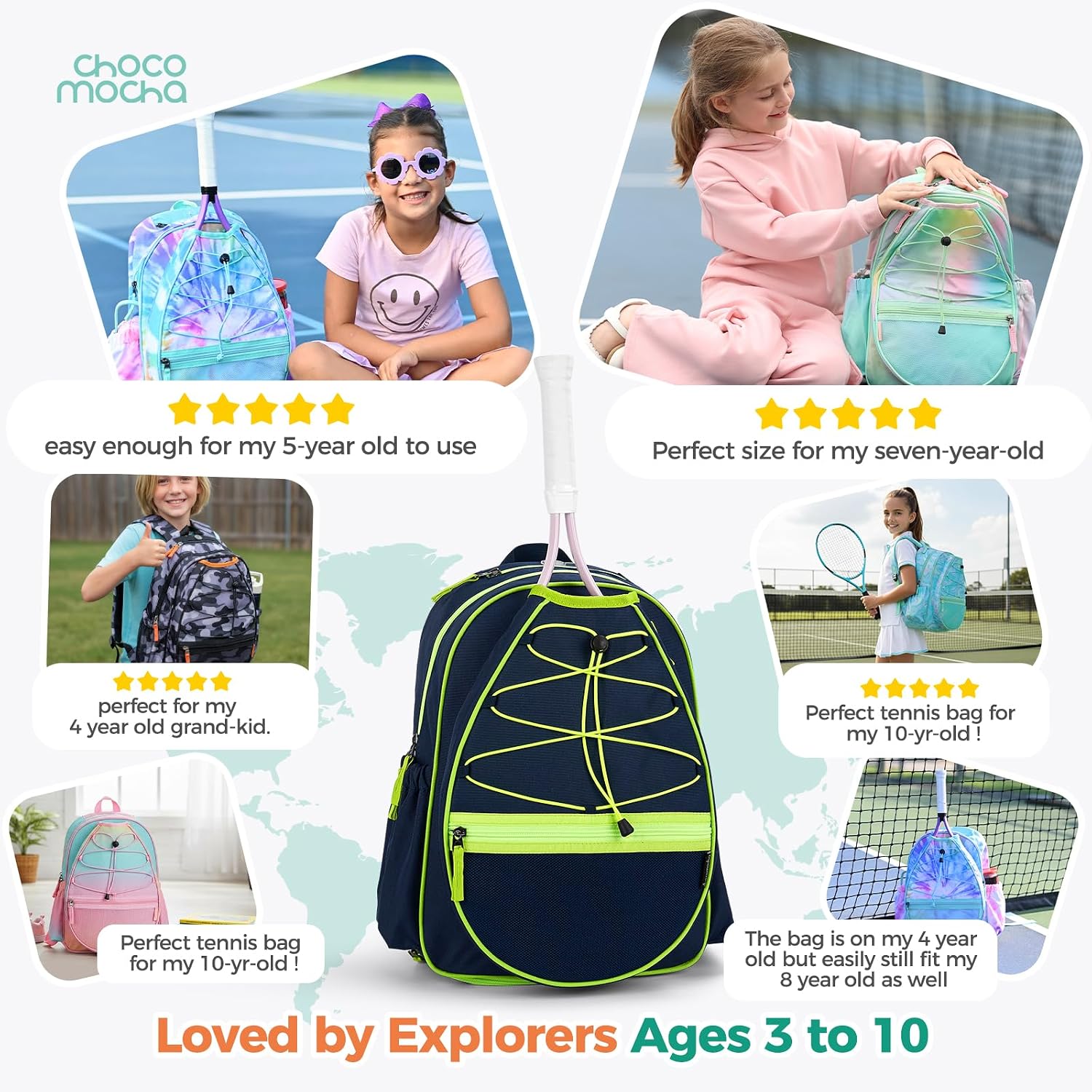 Choco Mocha Kids Tennis Bag, 16 Inch Youth & Junior Tennis Backpack with Shoe Compartment, Holds 2 Rackets (21–23 Inch) - Image 7