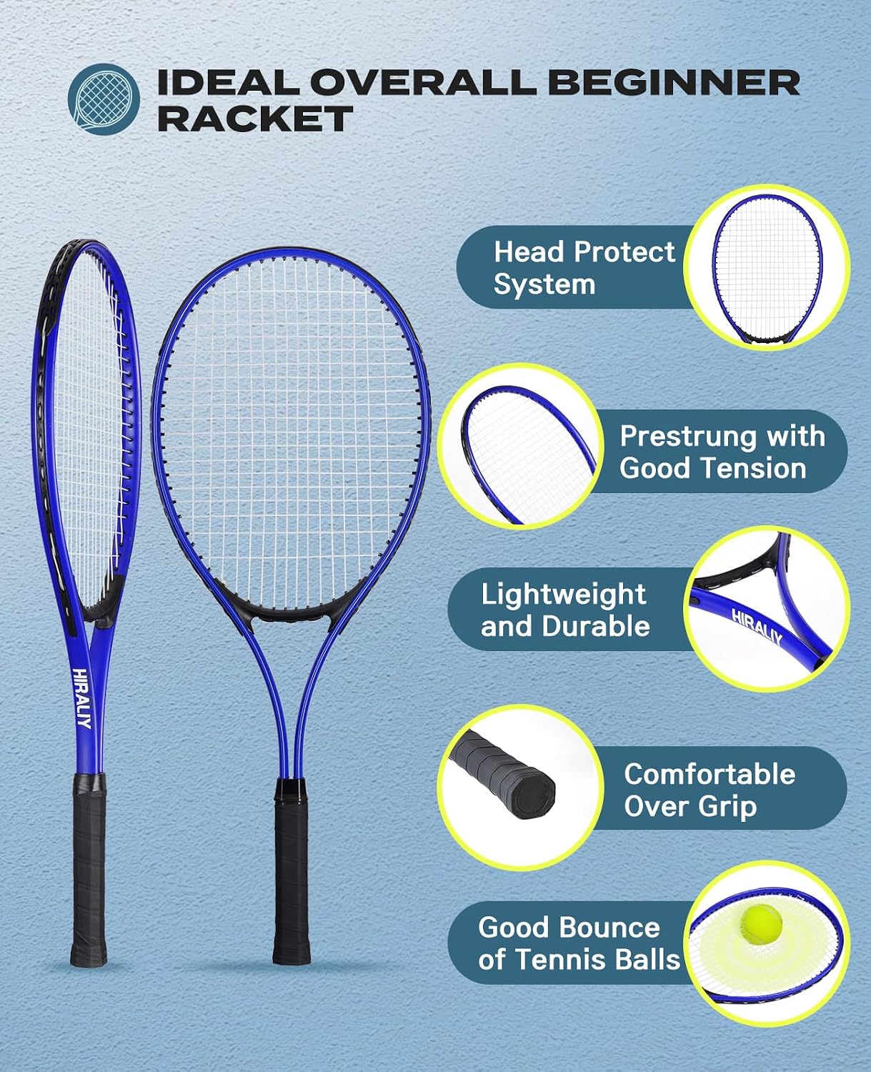 HIRALIY Tennis Rackets 2 Pack for Adults Beginners - 27 Inch Lightweight Aluminum Tennis Racquet Set with 3 Balls & Carry Bag - Vibration Dampening & Large Sweet Spot for Men Women Couples - Image 4