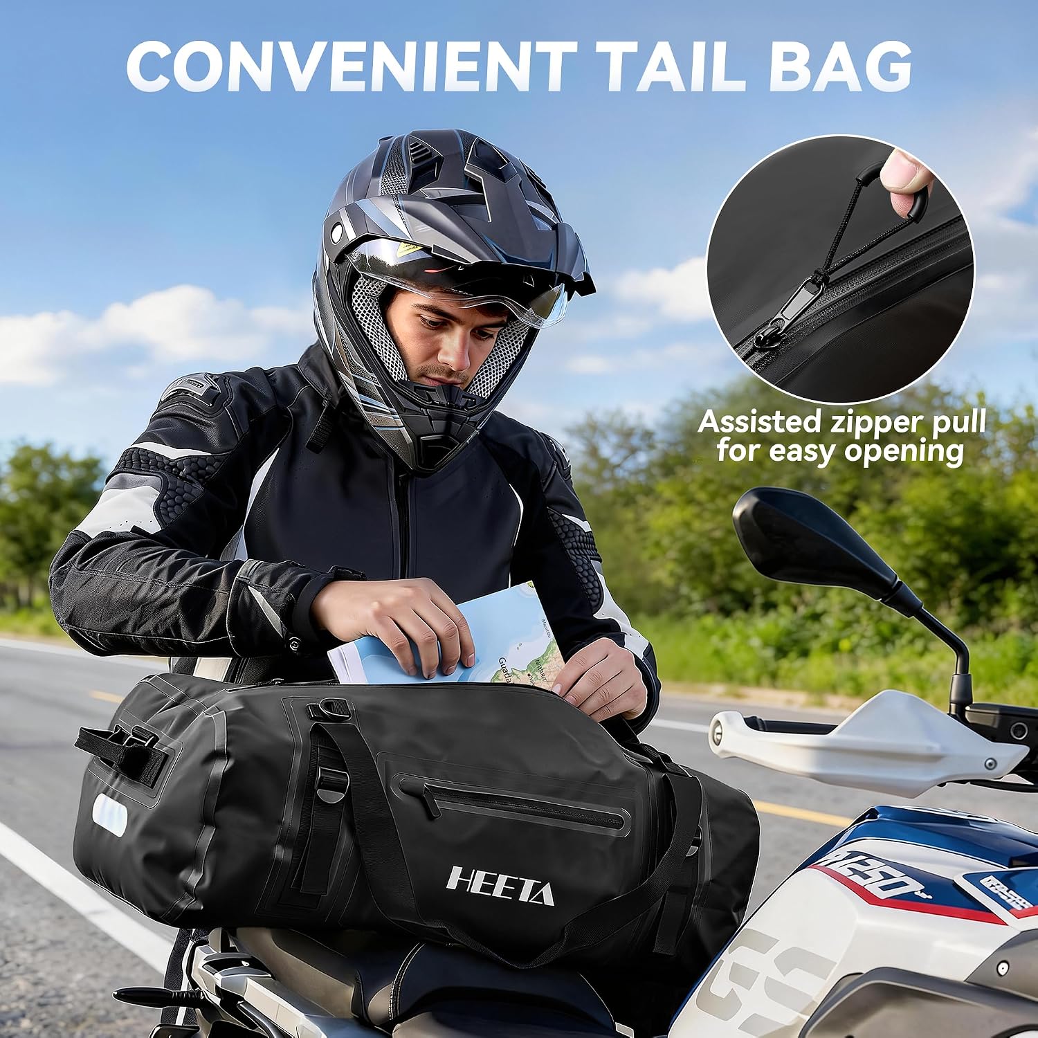 HEETA Waterproof Motorcycle Dry Bag, Waterproof Duffel Luggage Travel Bags with Zippered Closure & Pocket, Shoulder Straps, Large Space for Motorcycling Camping Commuting Boating (Black, 50L) - Image 3