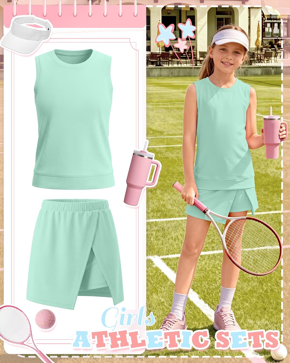 Girls 2 Piece Outfits Teen Athletic Summer Matching Set Tennis Skirt Sets Girls Kids Tank Top and Skort Set 5-14Y - Image 4