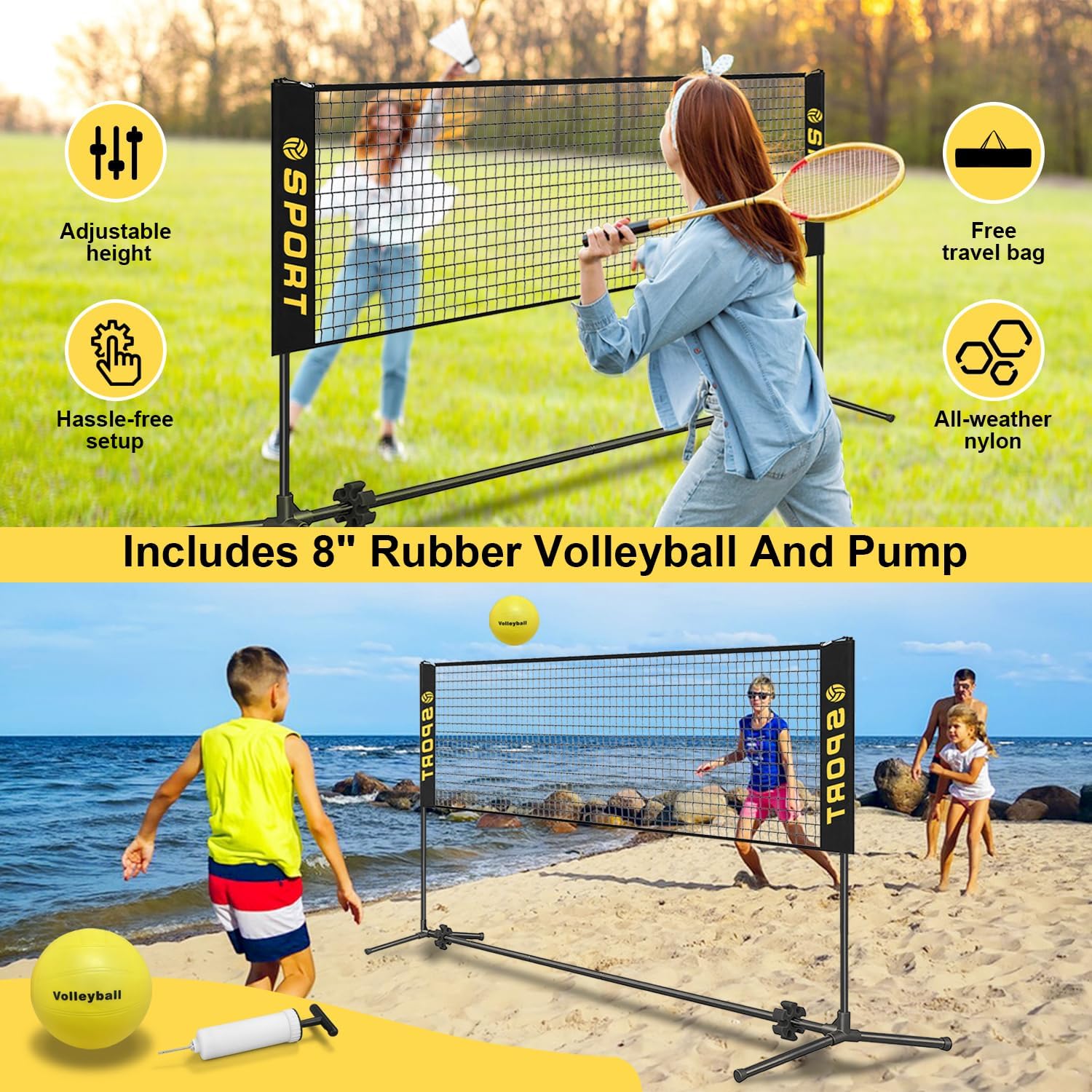 10 FT Mini Portable Tennis Net for Teenagers with Rubber Volleyball, with Pump and Carry Bag, Adjustable Height 2.7FT-5.1FT for Badminton Net, Volleyball Net,Soccer Net,Pickleball Net - Image 6