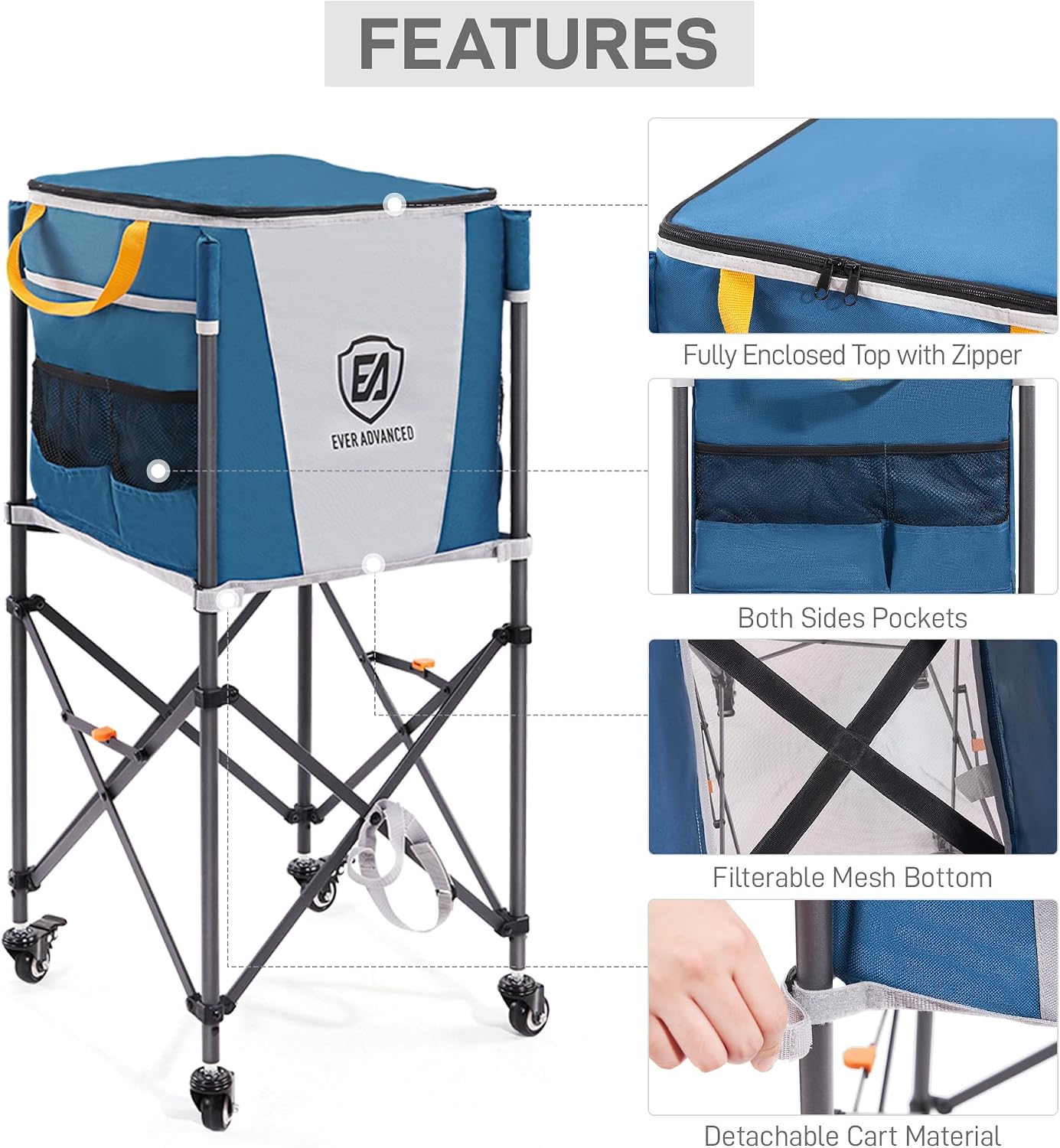 EVER ADVANCED 150 Tennis Capacity Ball Hopper Rolling Ball Cart with Side Pockets, 16.2 x 16.2in Folding Pickleball Basket with Wheels, Sports Equipment Organizer for Baseball Training/Practice, Blue - Image 4