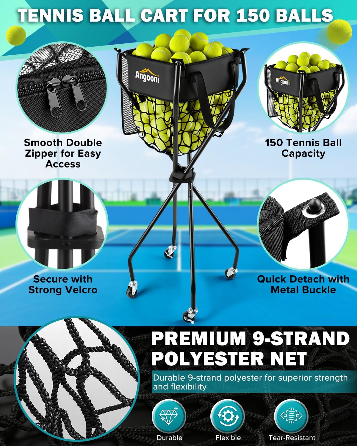 Angooni Professional Tennis Cart with Silent PU Wheels - 2 Capacity Choices (150/240 Balls) - Sturdy, Lightweight & Portable Storage for Practice and Matches - Image 3