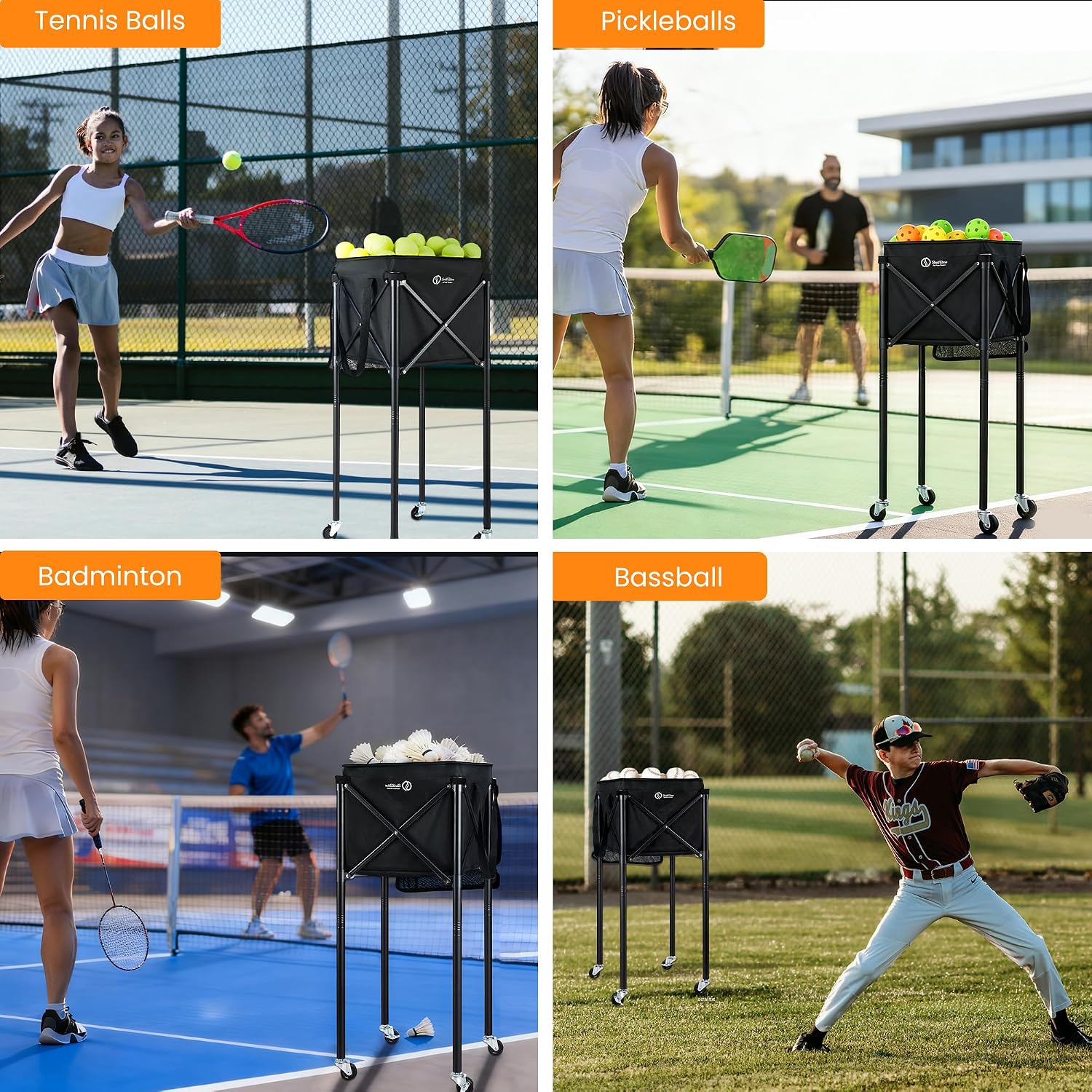 Portable Tennis Ball Hopper & Pickleball Basket, Foldable Tennis Ball Cart with Storage Bag, Multi-Sport Ball Collector for Training & Practice - Image 7