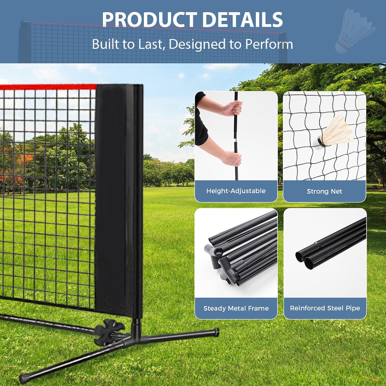 DUMOS Portable Badminton Net Set, 3-5FT Adjustable Height, 10FT/14FT/17FT Wide, Multi Sport Net for Pickleball, Tennis, Volleyball, Soccer Tennis, Indoor Outdoor with Carry Bag, Easy Setup - Image 4