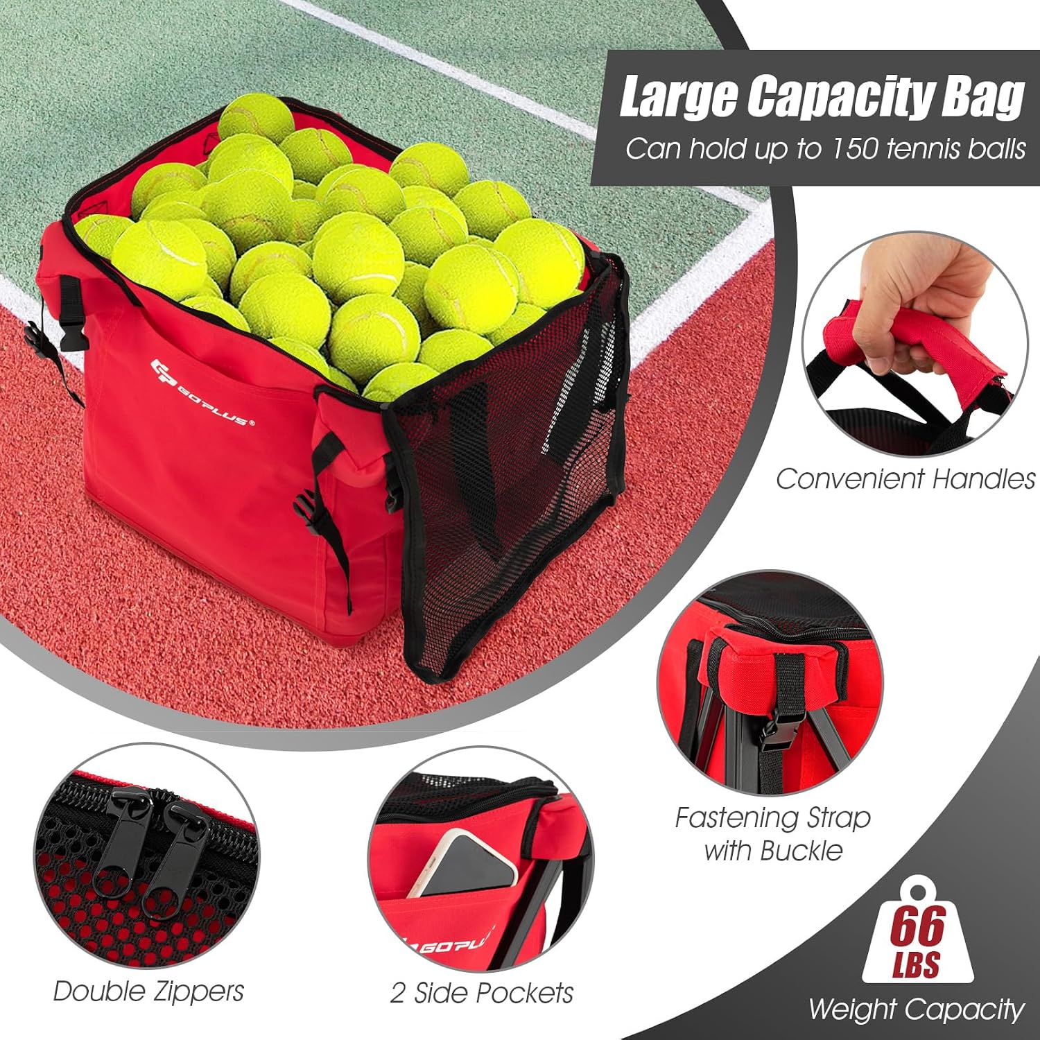 Goplus Foldable Tennis Ball Hoppers, Lightweight Aluminum Tennis Ball Basket with Wheels, Removable Bag, Side Pockets, Carry Bag, Portable Sports Teaching Cart Holds 150 Tennis Balls (Red) - Image 4