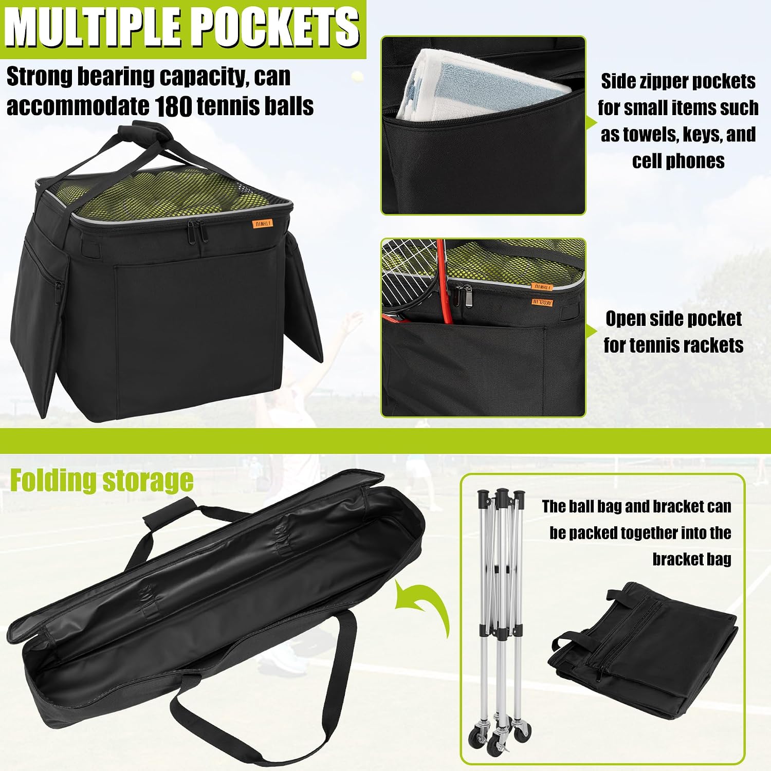 Foldable Tennis Ball Cart Holds 180 Balls Wheeled Tennis Ball Hopper Sports Teaching Carts with Storage Bag, Light Auminum Alloy - Image 2