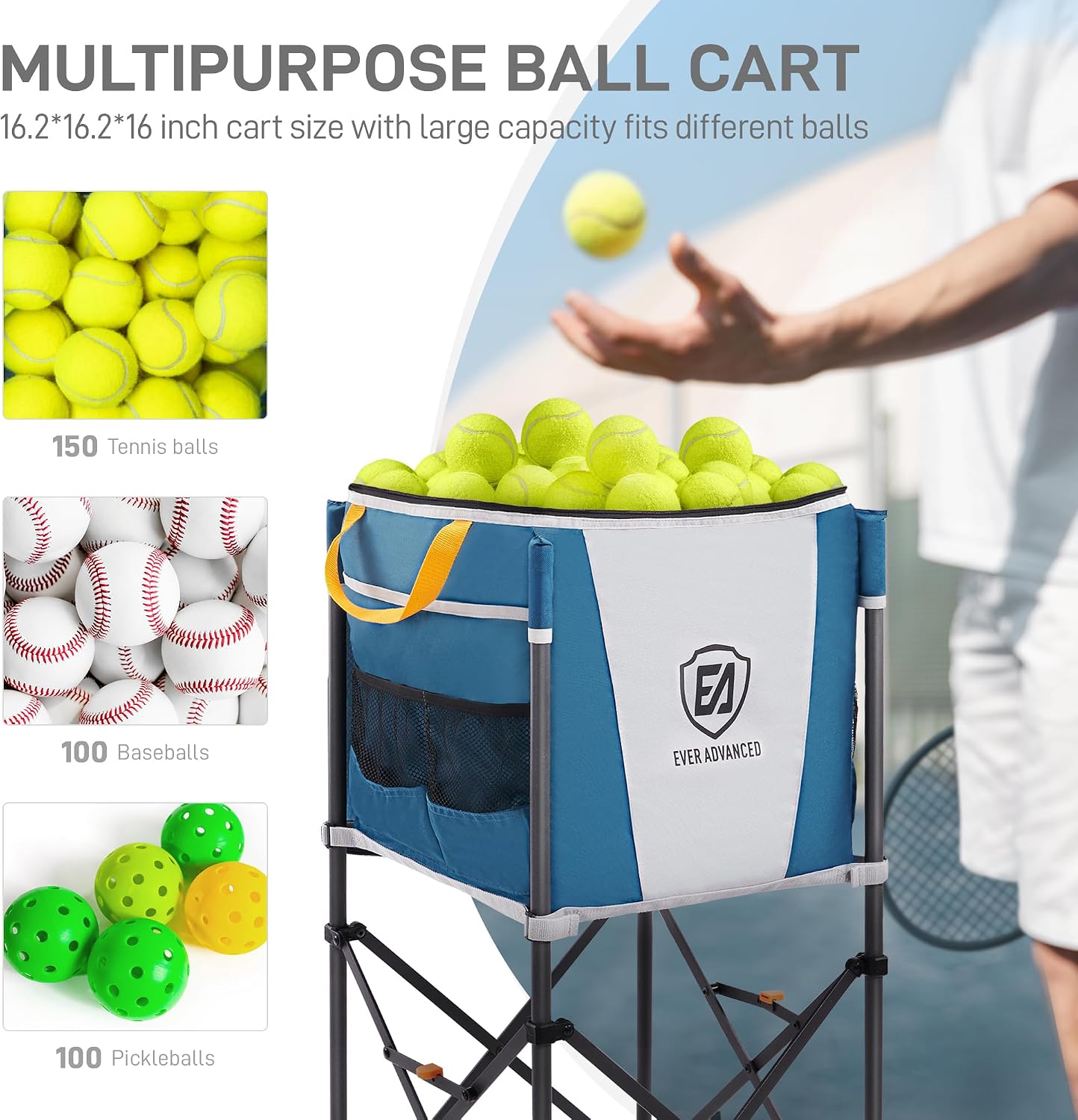 EVER ADVANCED 150 Tennis Capacity Ball Hopper Rolling Ball Cart with Side Pockets, 16.2 x 16.2in Folding Pickleball Basket with Wheels, Sports Equipment Organizer for Baseball Training/Practice, Blue - Image 3