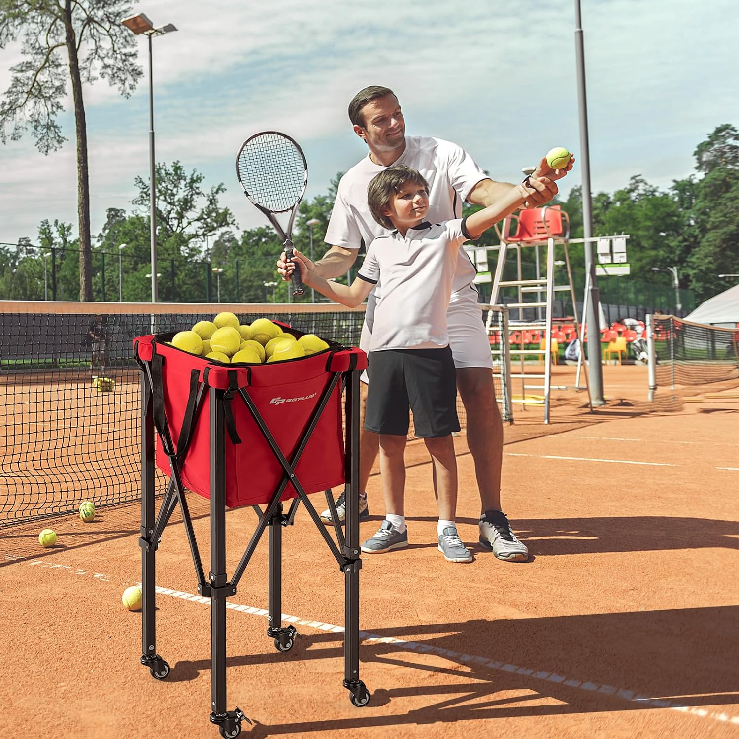 Goplus Foldable Tennis Ball Hoppers, Lightweight Aluminum Tennis Ball Basket with Wheels, Removable Bag, Side Pockets, Carry Bag, Portable Sports Teaching Cart Holds 150 Tennis Balls (Red) - Image 2