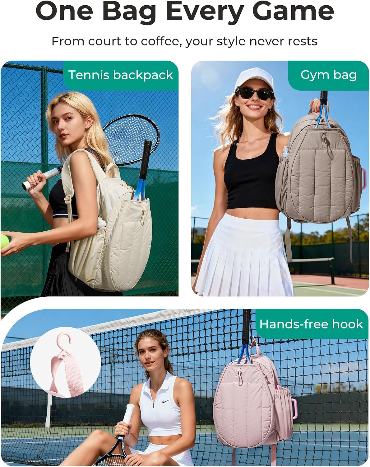 BAGSMART Tennis Gym Bag for Women, Tennis Backpack Holds 2 Rackets with Shoe Compartment, 15.6" Laptop Gym Backpacks for Court, Off-work, Everyday & Overnight Weekend - Image 6