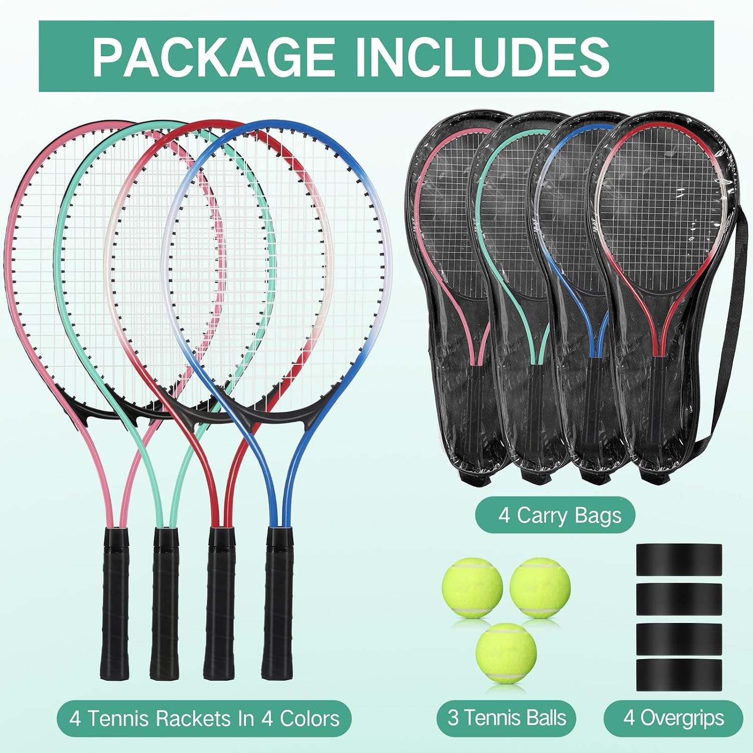 4 Pcs Tennis Rackets for Adult Recreational 4 Players 27" Tennis Racquet Lightweight Tennis Racket with 3 Tennis Balls for Training Beginners with Overgrips Carry Bag - Image 2