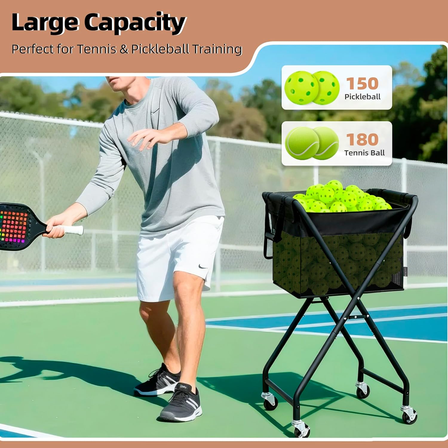 STORAGE MANIAC Foldable Tennis Ball Hopper Cart with Removable Ball Bag | Oxford & PVC Liner with Steel Frame, Holds 150 Balls, Portable Rolling Pickleball Training Cart, 20.7"L x 17.9"W x 35.8"H - Image 3