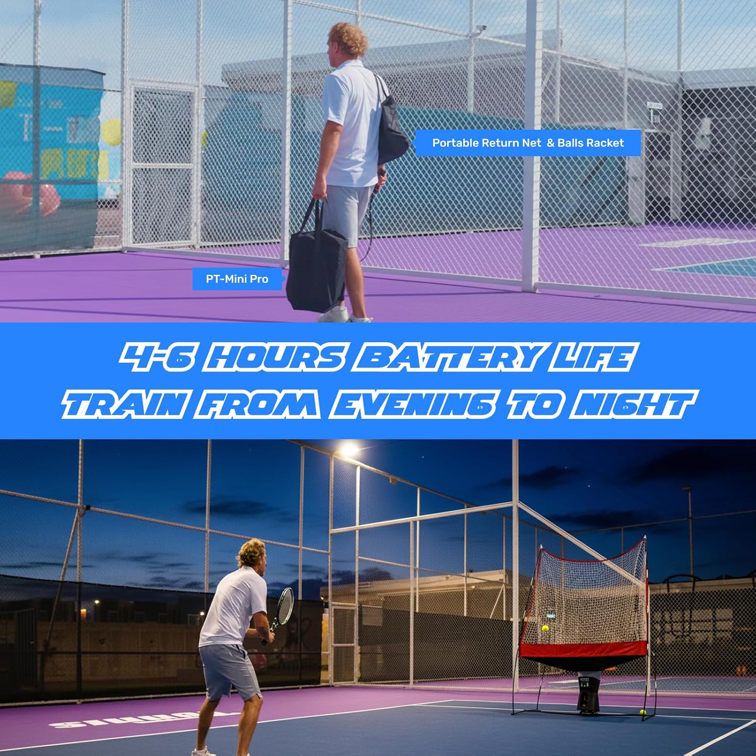 Tennis Training Set with Return Net&PT-Mini Pro Tennis ball launcher — App/Remote Control, 4–6h Battery, 60-Ball Capacity, up to 12 mph, 5-Point Random; Indoor & Solo-Friendly for Beginners and Kids - Image 3
