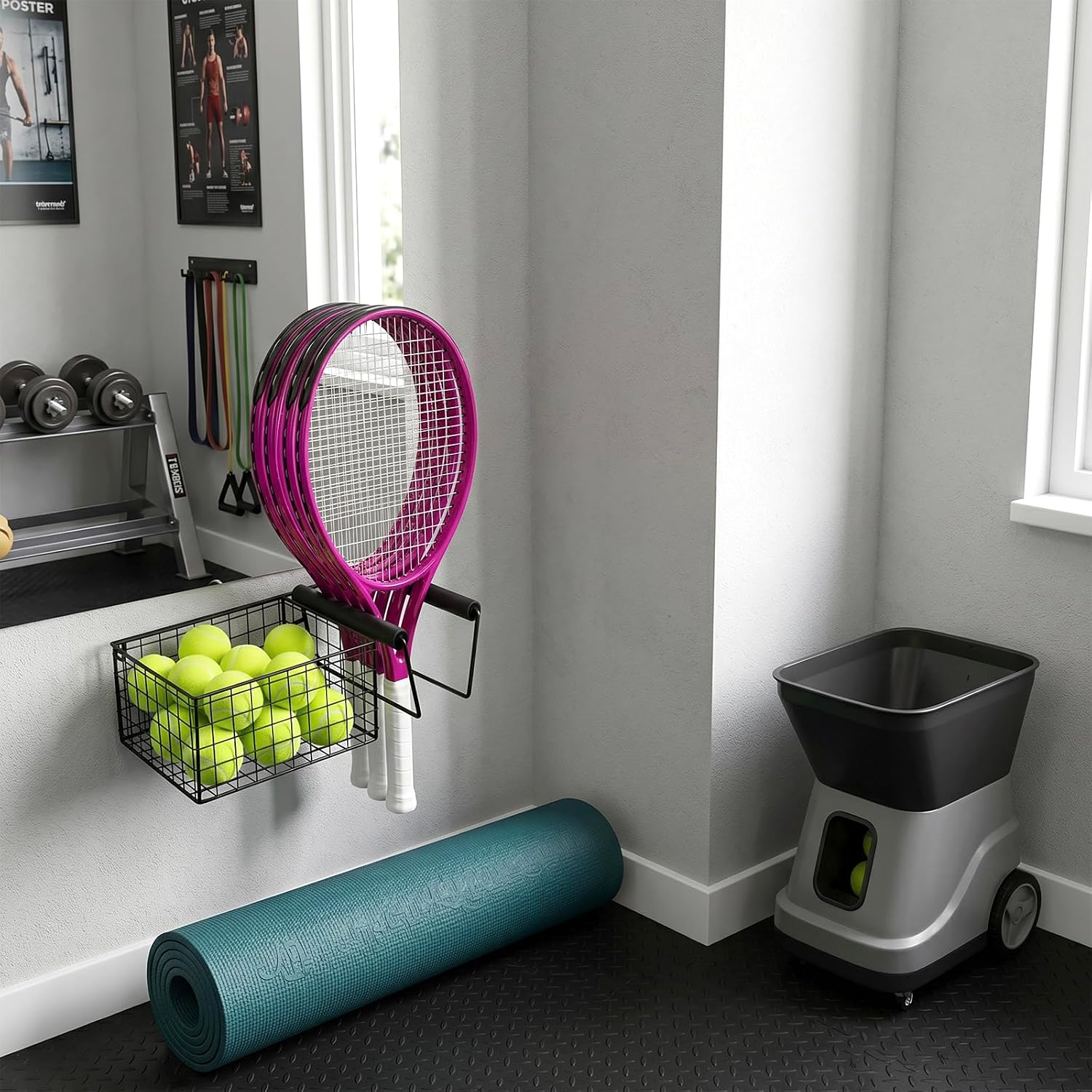 MyGift Hanging Metal Tennis Racquet and Tennis Ball Storage Basket Rack, Wall Mounted Racket Holder - Image 3