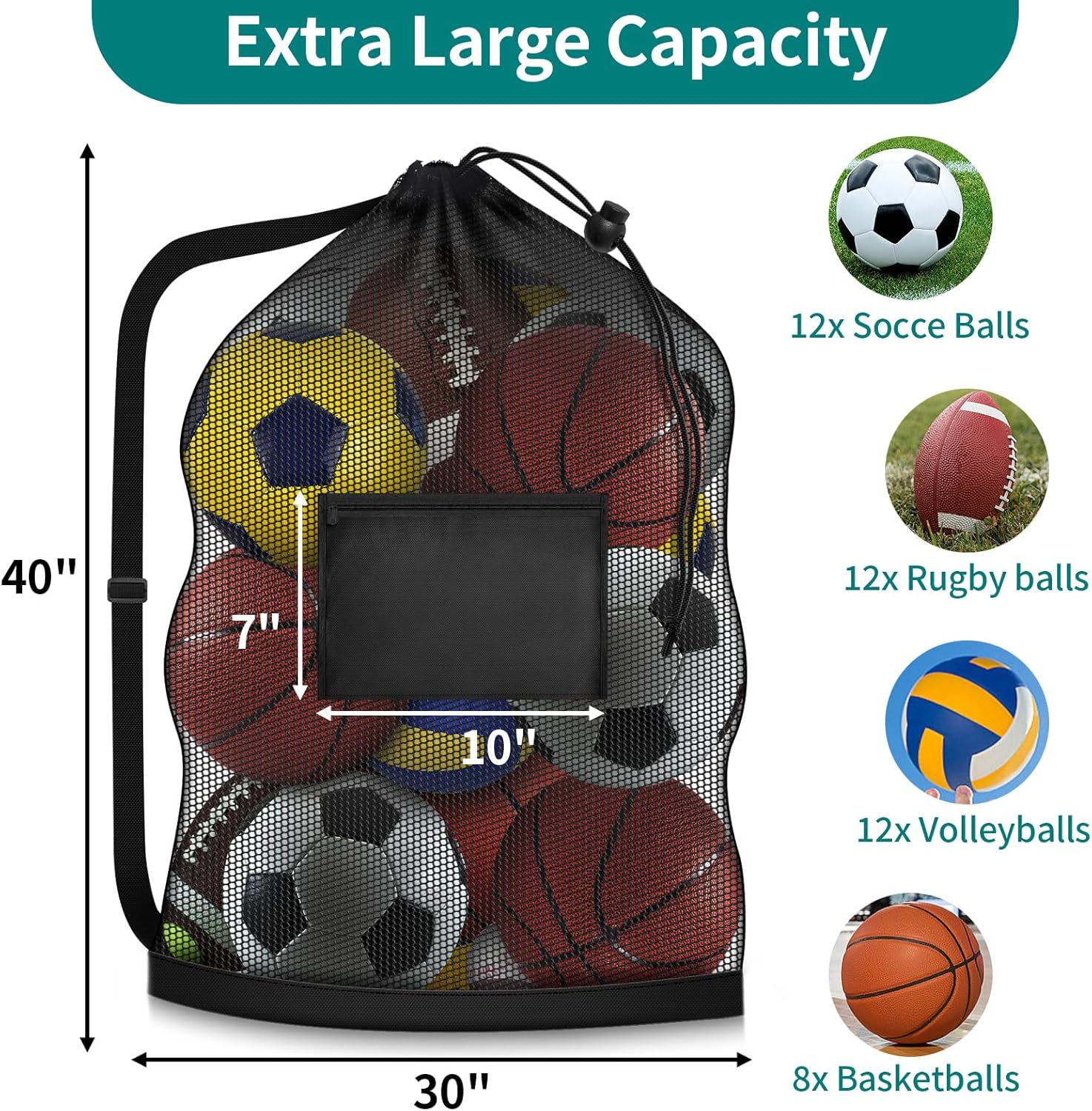 Extra Large Soccer Ball Bag, 40" x 30" Drawstring Mesh Ball Bag with Pocket, Heavy Duty Sport Net Sack for Coaches, Storage Bag for Basketball, Volleyball, Gym Equipment, Swimming Gear - Image 2