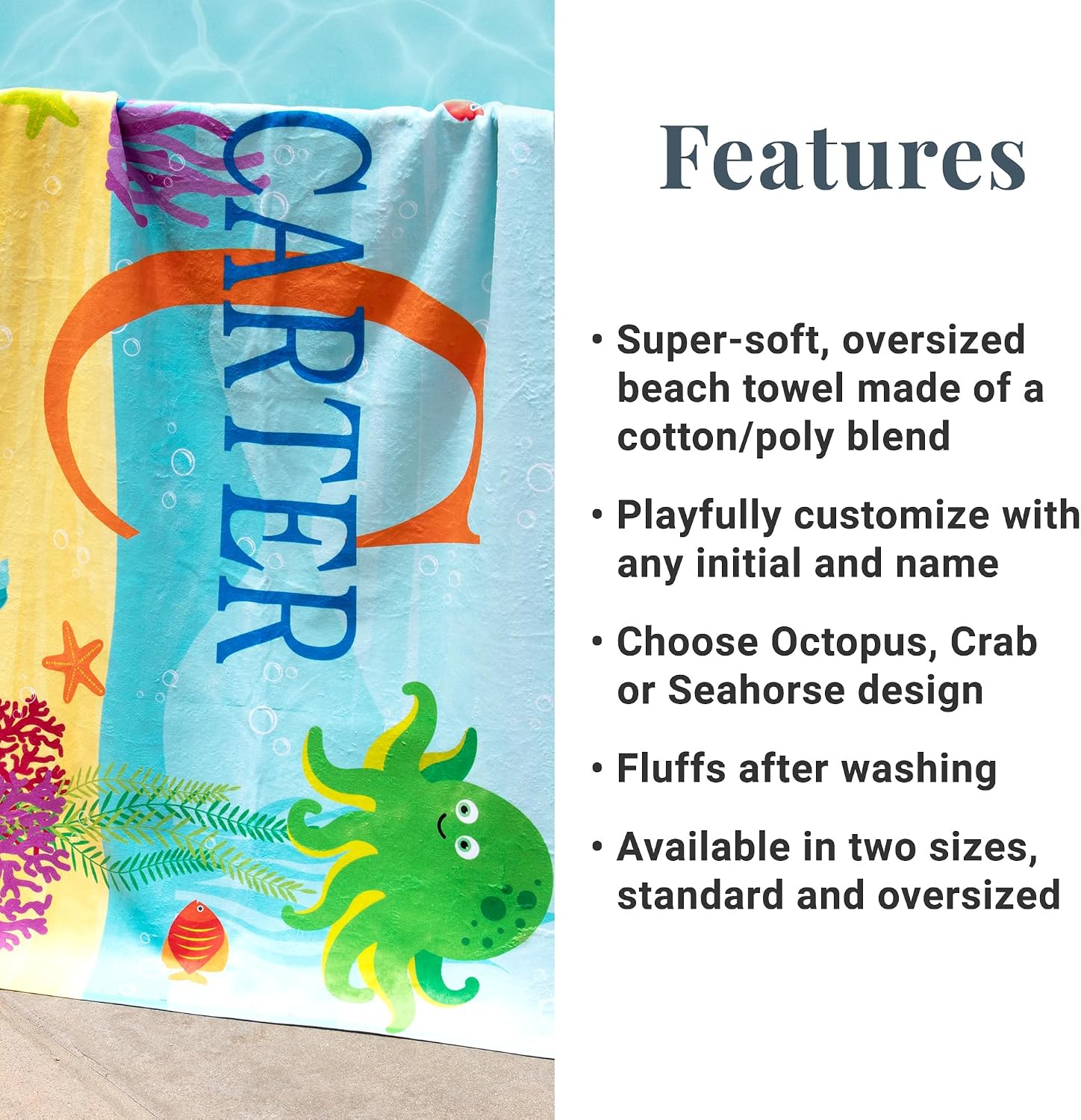 Let's Make Memories Personalized Kids Beach Towel - Custom Monogram & Name with Fun Beach Designs - Soft Cotton/Poly Blend - 60"x30" - Name and Initial Monogram - Standard Size - Crab - Image 5